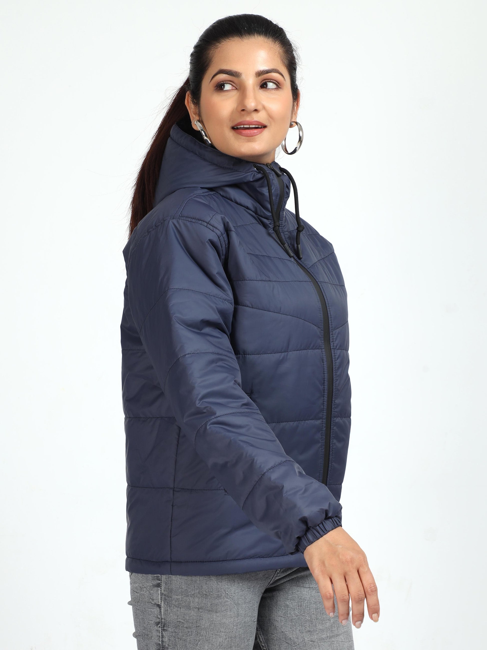 Women Navy Blue Bomber Jacket with Hood