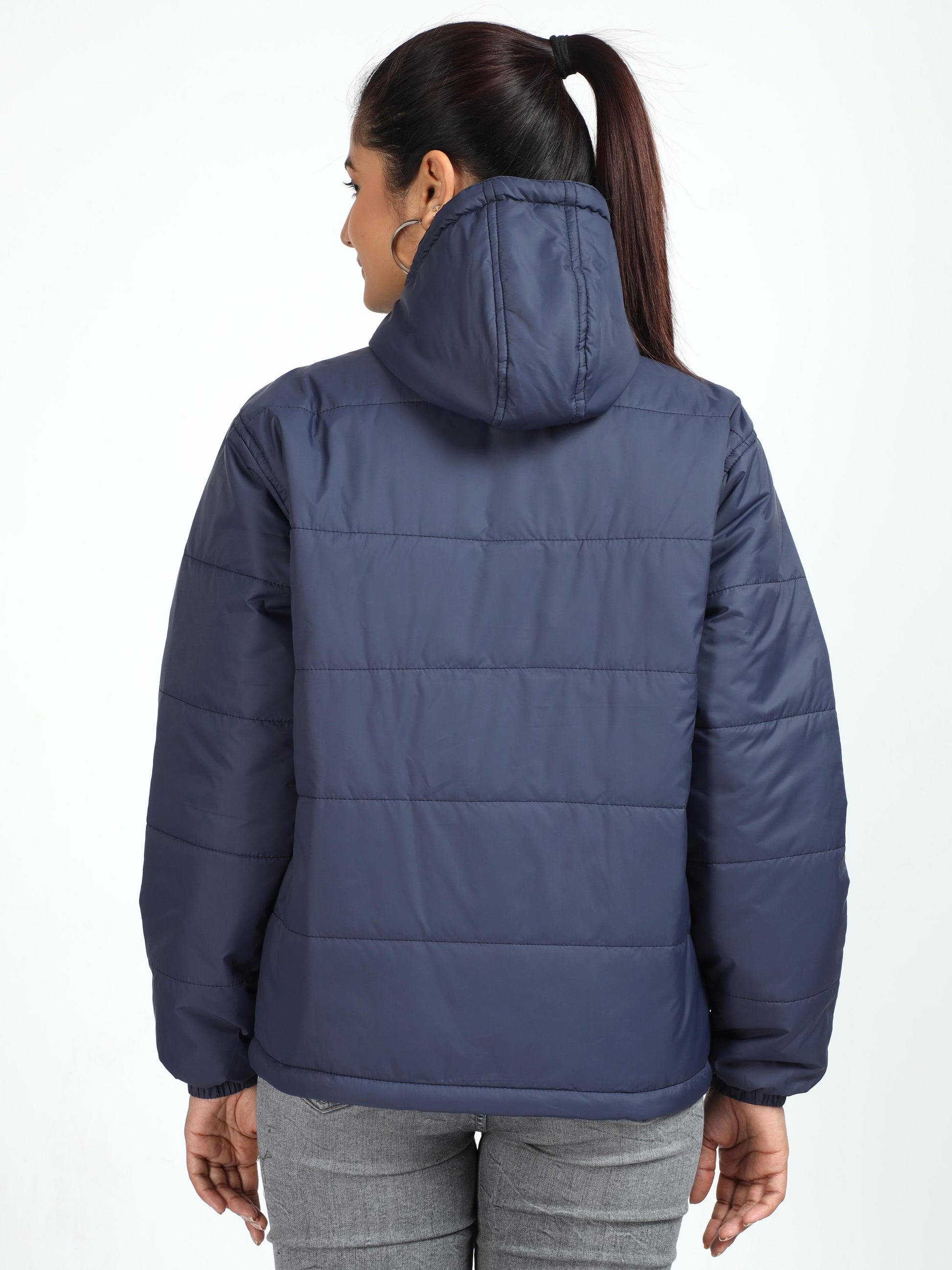 Women Navy Blue Bomber Jacket with Hood