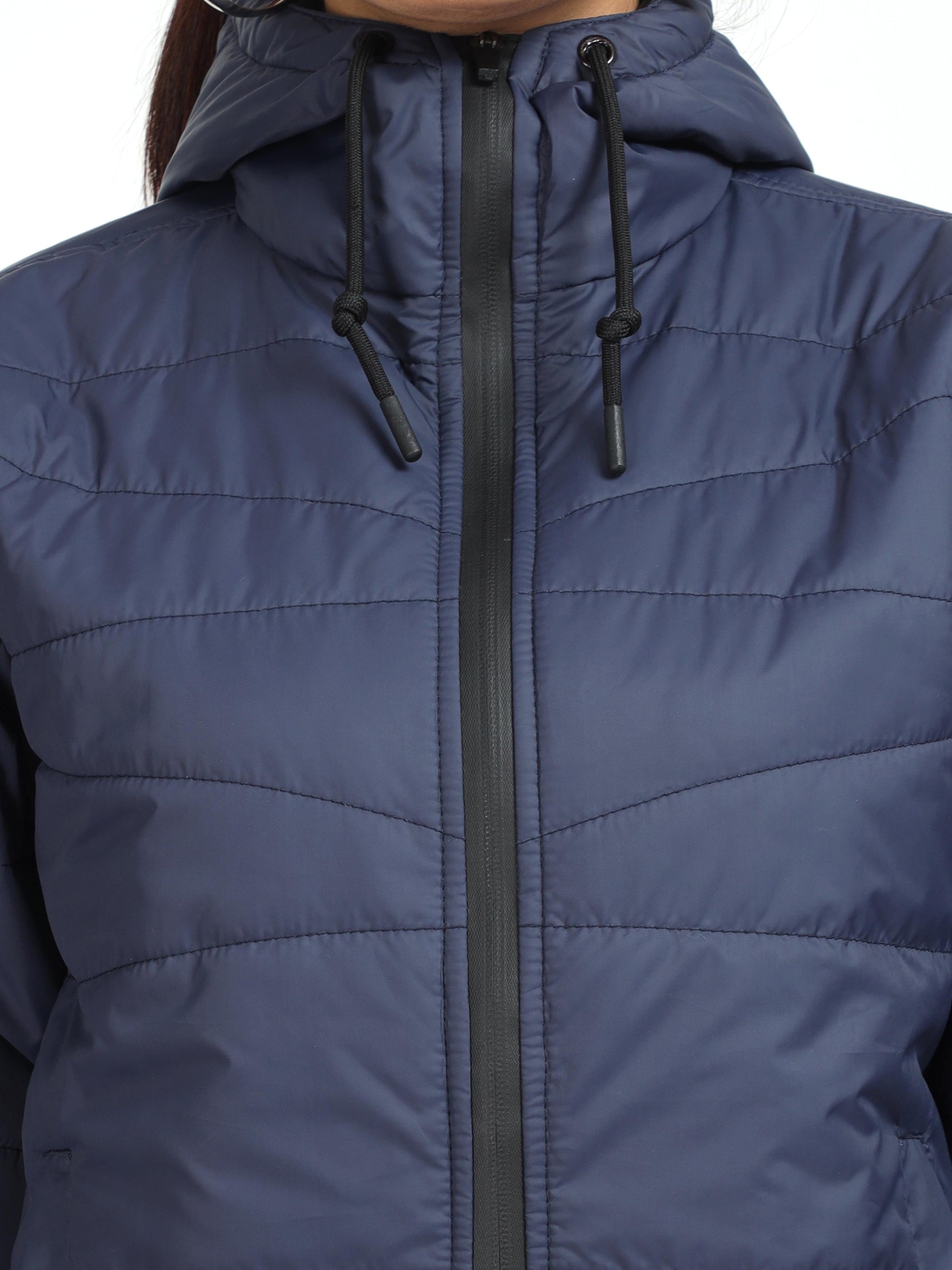 Women Navy Blue Bomber Jacket with Hood