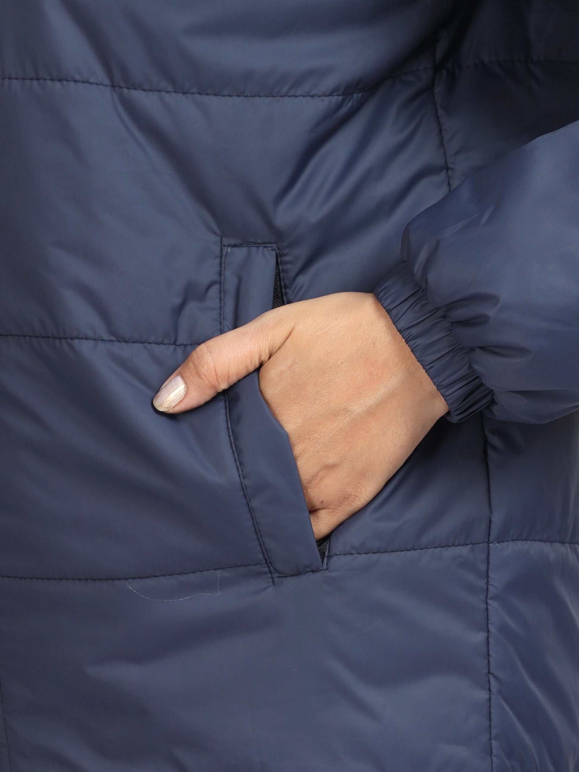 Women Navy Blue Bomber Jacket with Hood