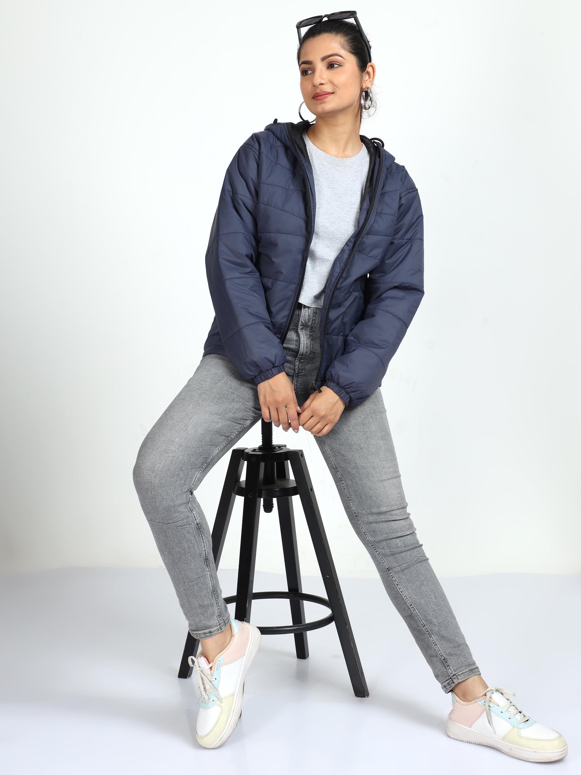 Women Navy Blue Bomber Jacket with Hood