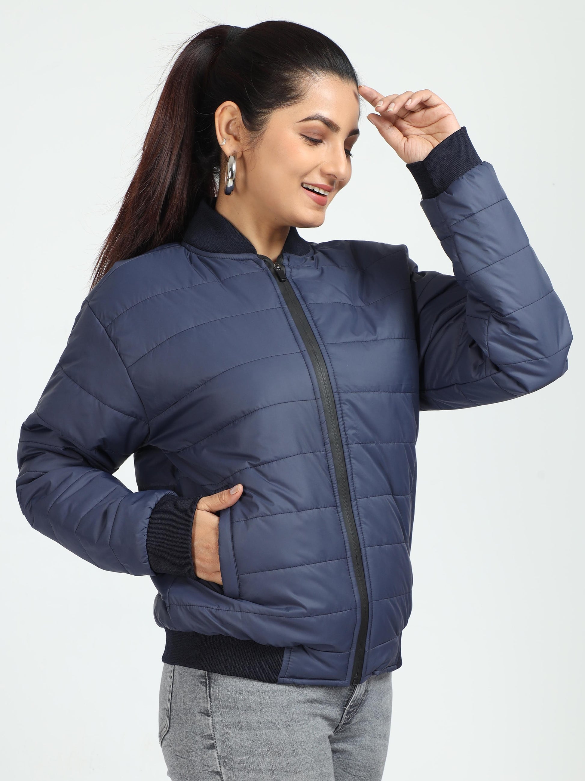 Women Navy Blue Bomber Rib Style Jacket