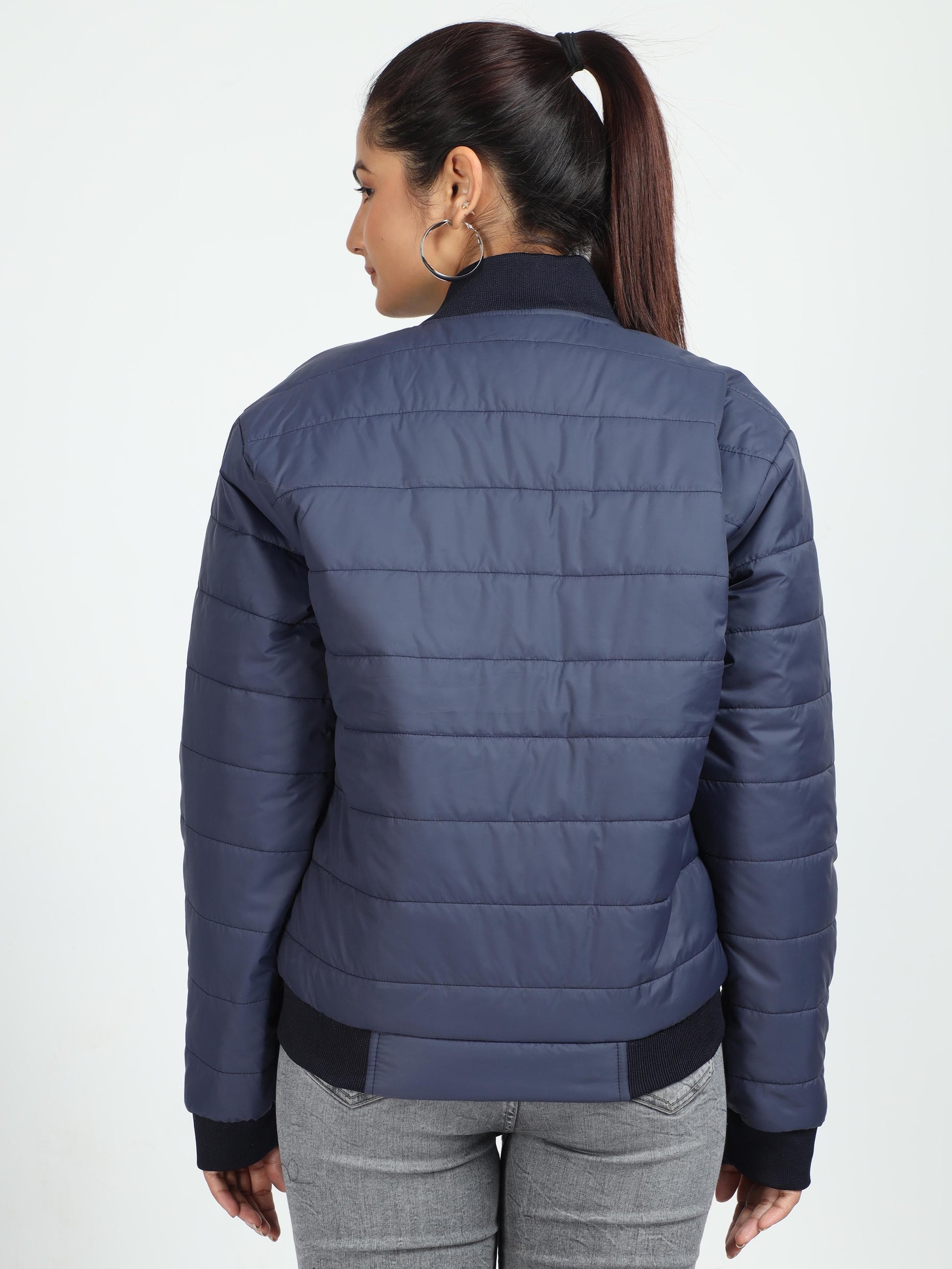 Women Navy Blue Bomber Rib Style Jacket