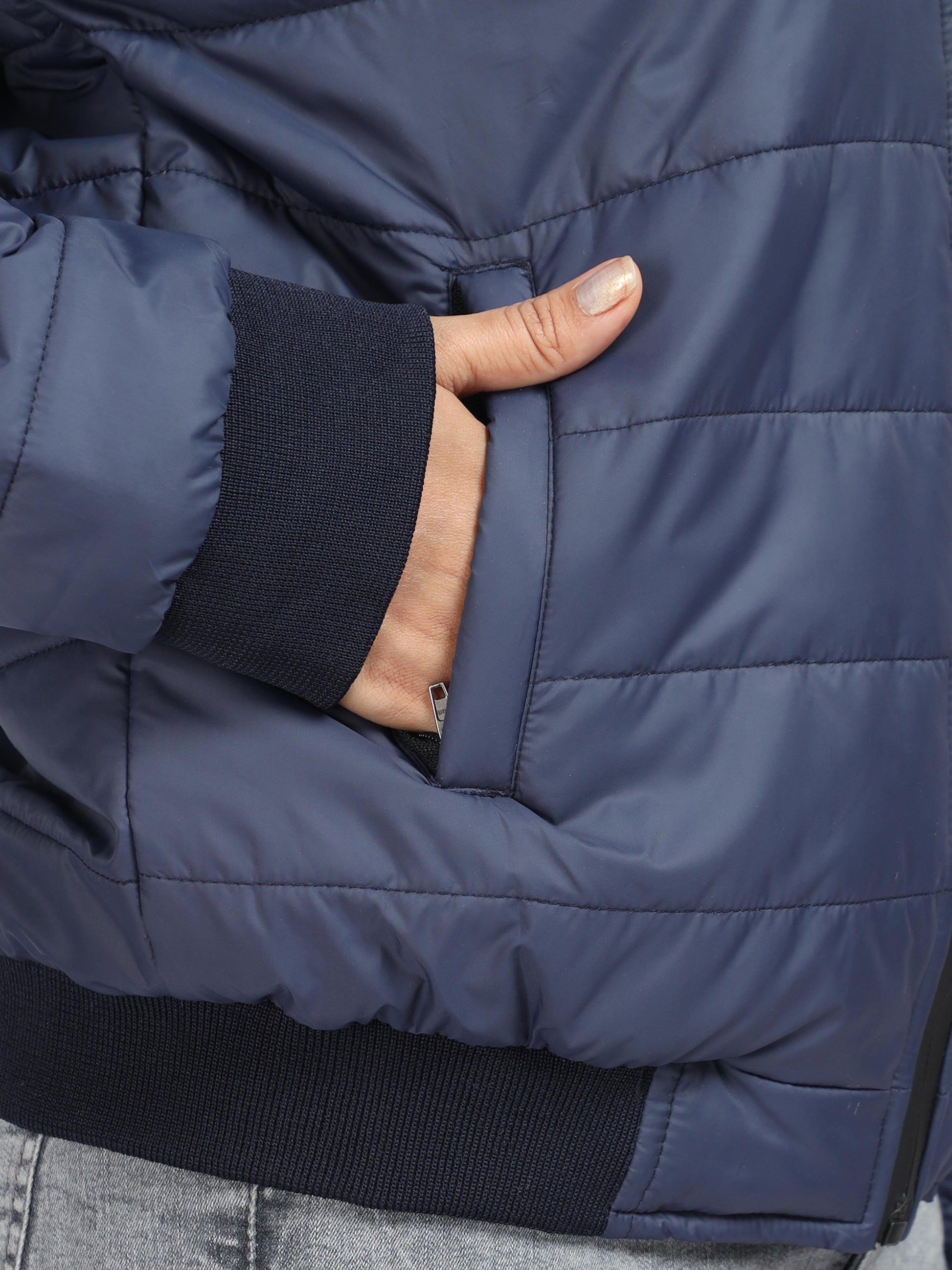 Women Navy Blue Bomber Rib Style Jacket