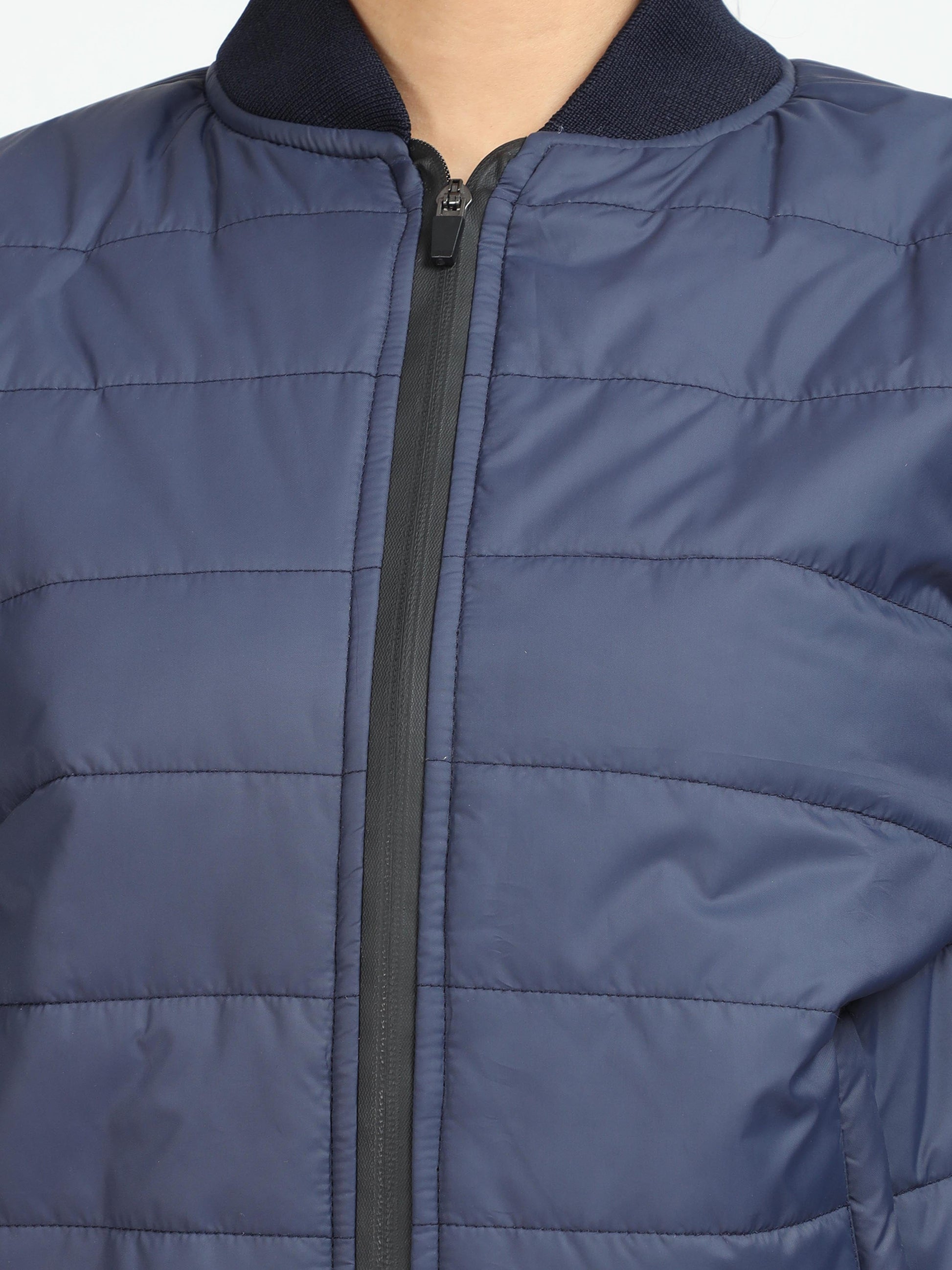 Women Navy Blue Bomber Rib Style Jacket