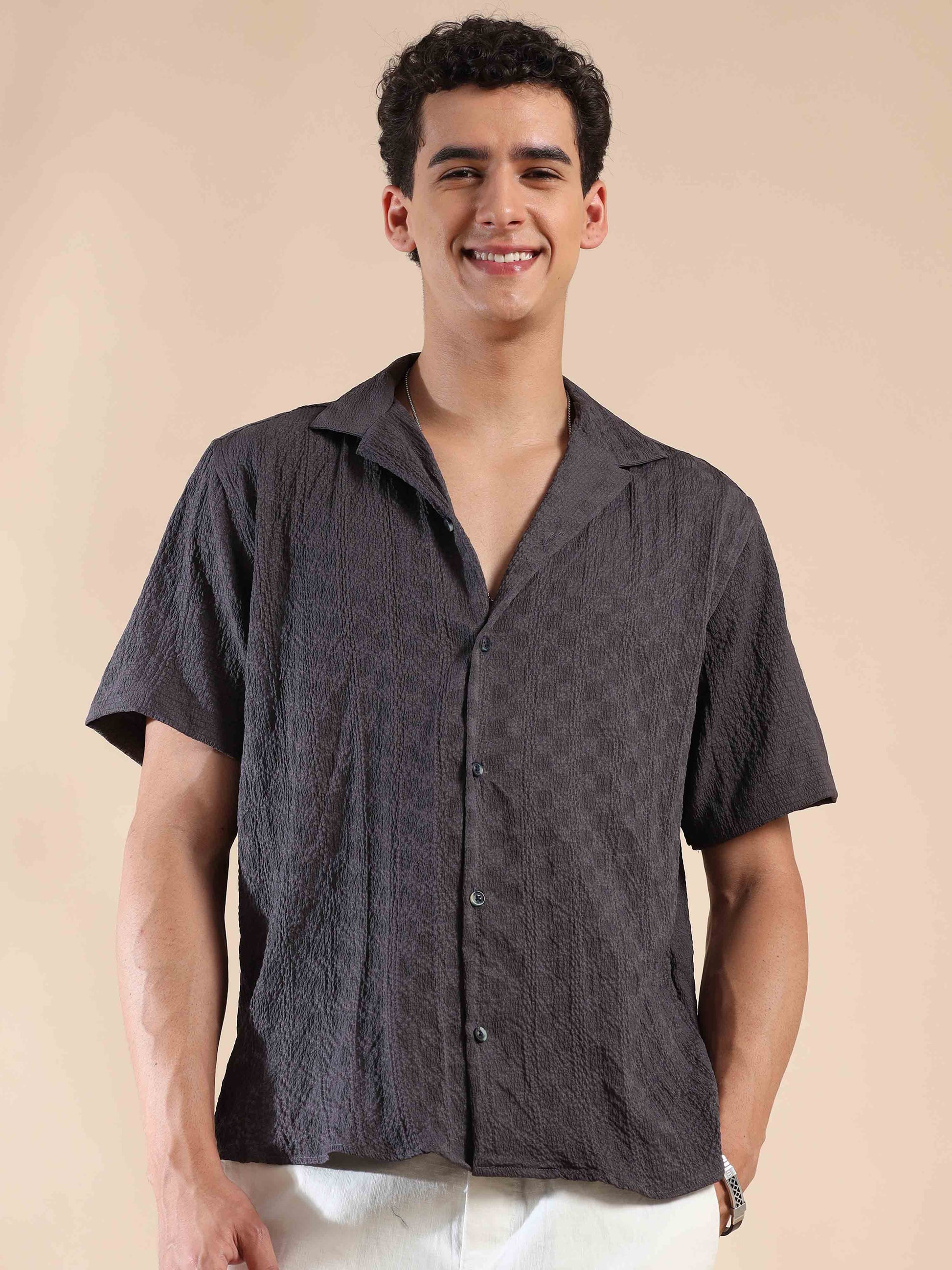 Half sleeve solid popcorn shirt for men