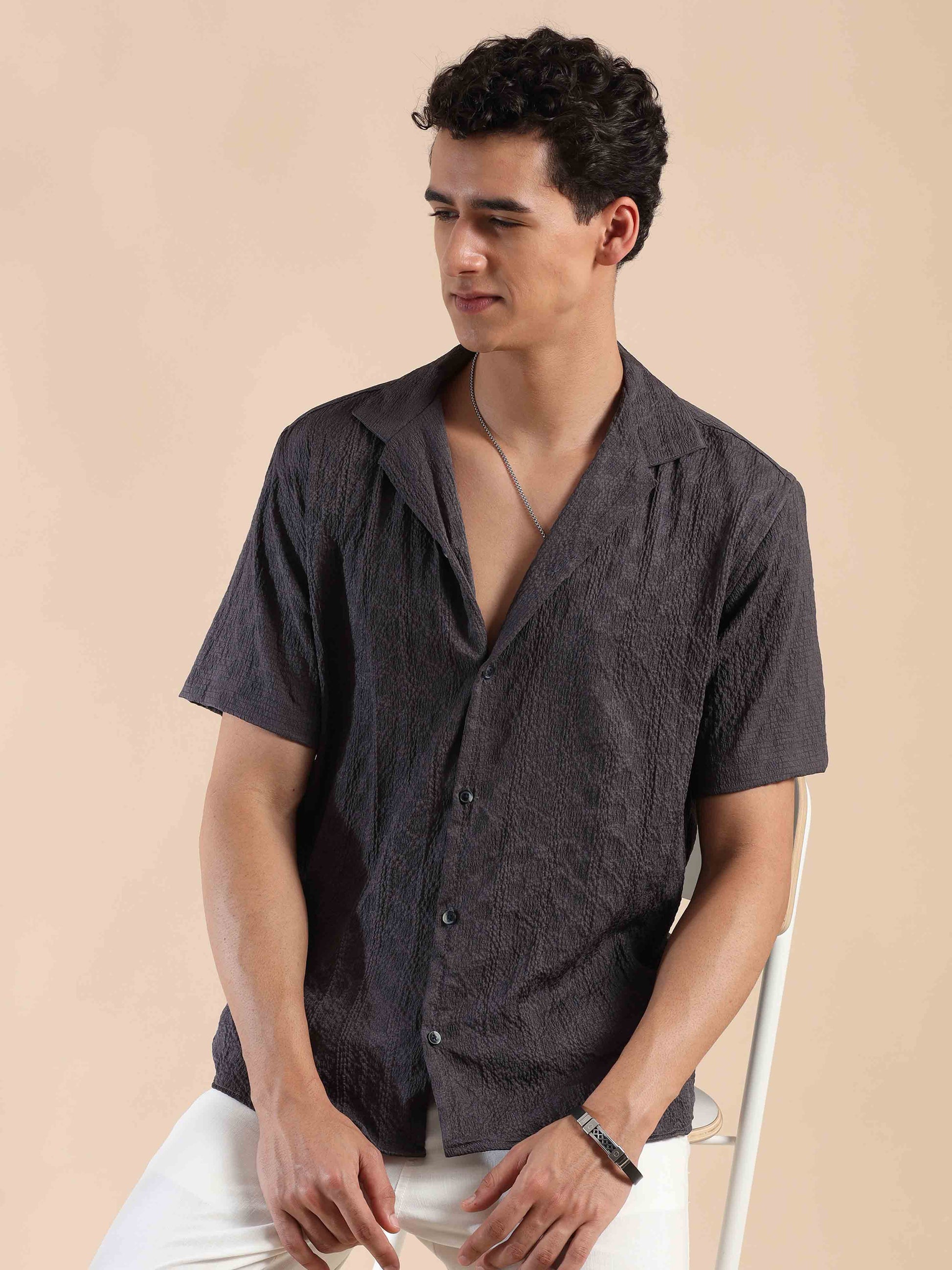 Half sleeve solid popcorn shirt for men