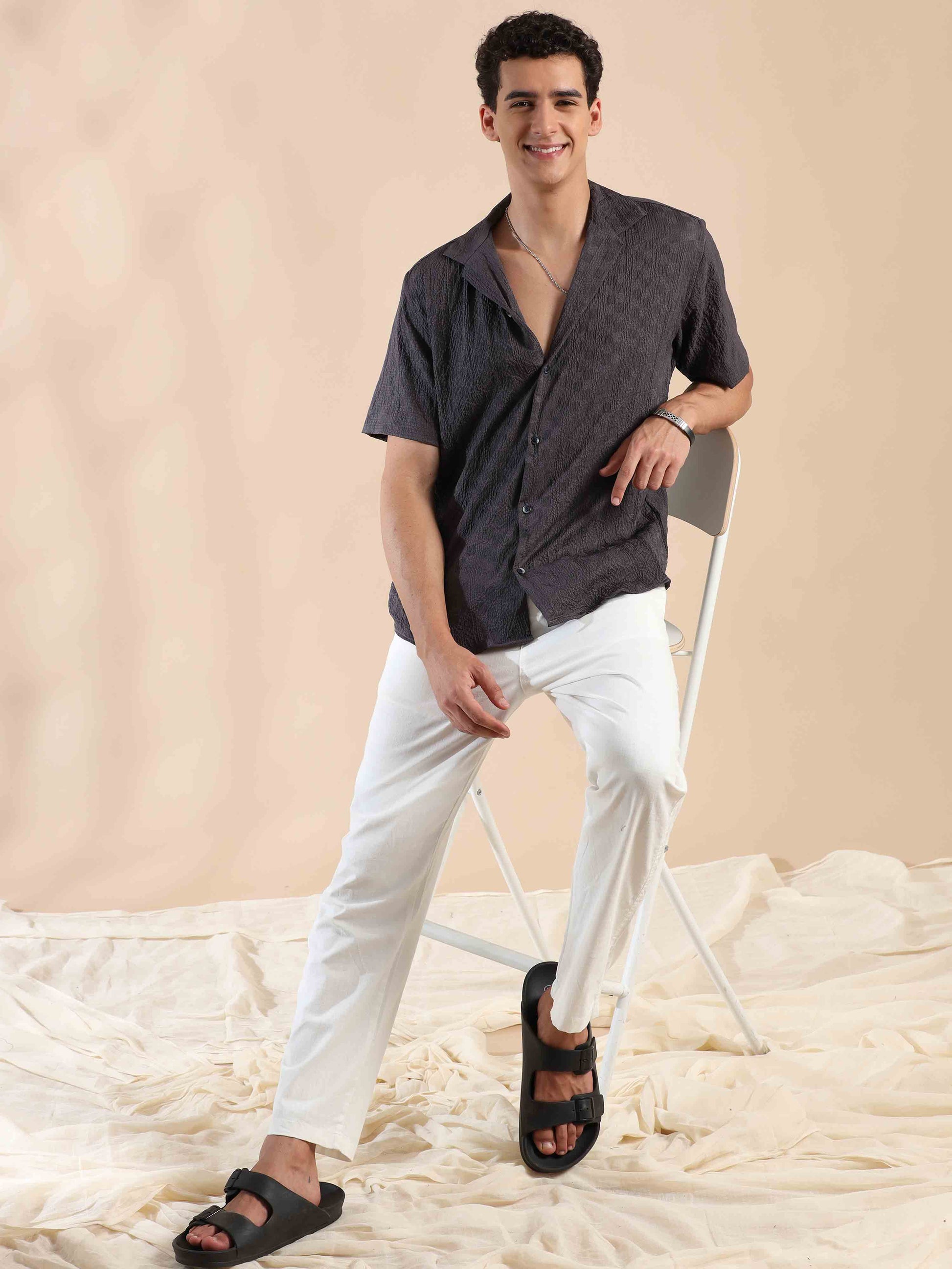 Half sleeve solid popcorn shirt for men