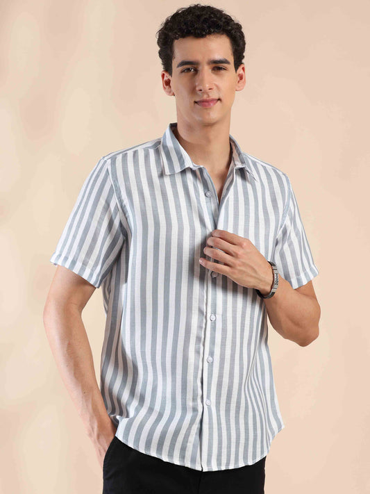 Half sleeve stripe polyester cotton shirt for men