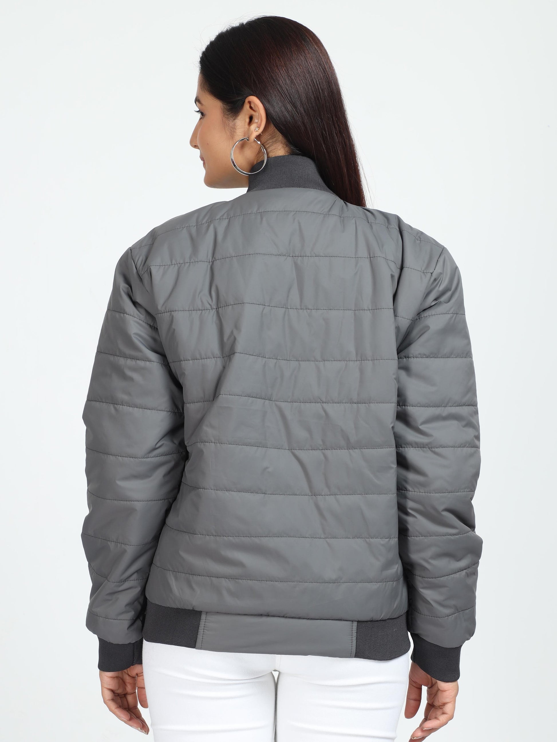 Women Grey Bomber Rib Style Jacket