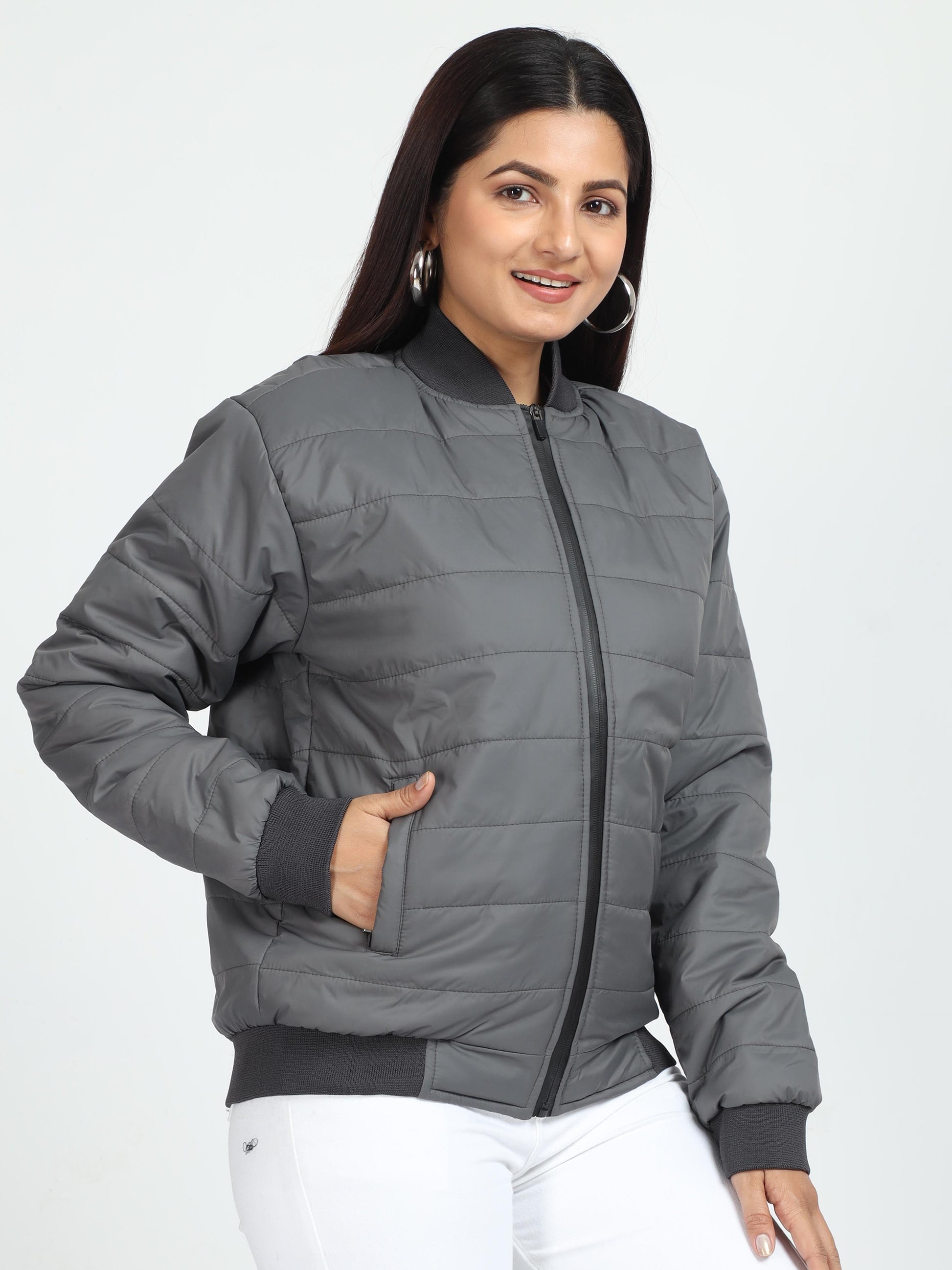 Women Grey Bomber Rib Style Jacket
