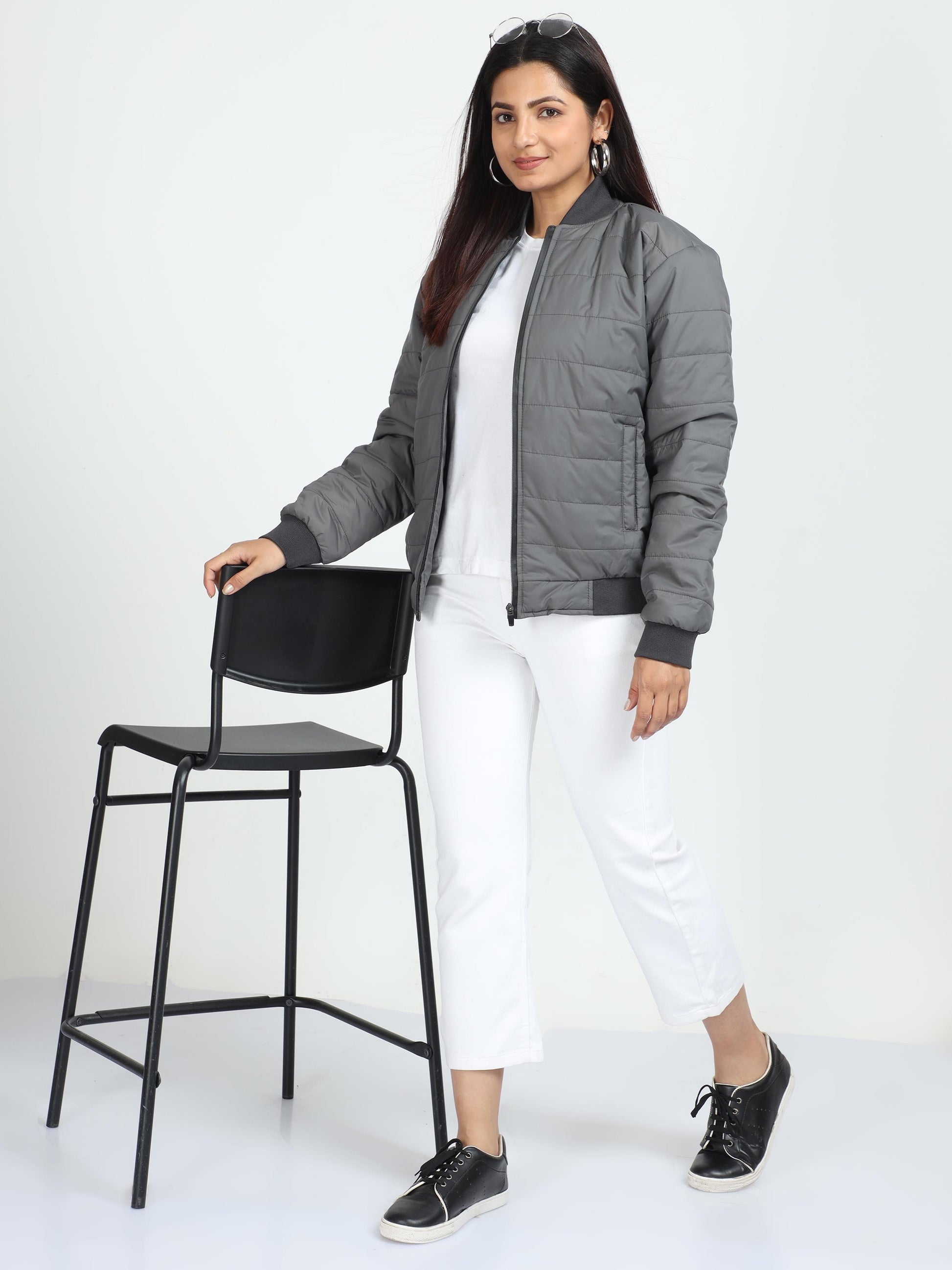 Women Grey Bomber Rib Style Jacket