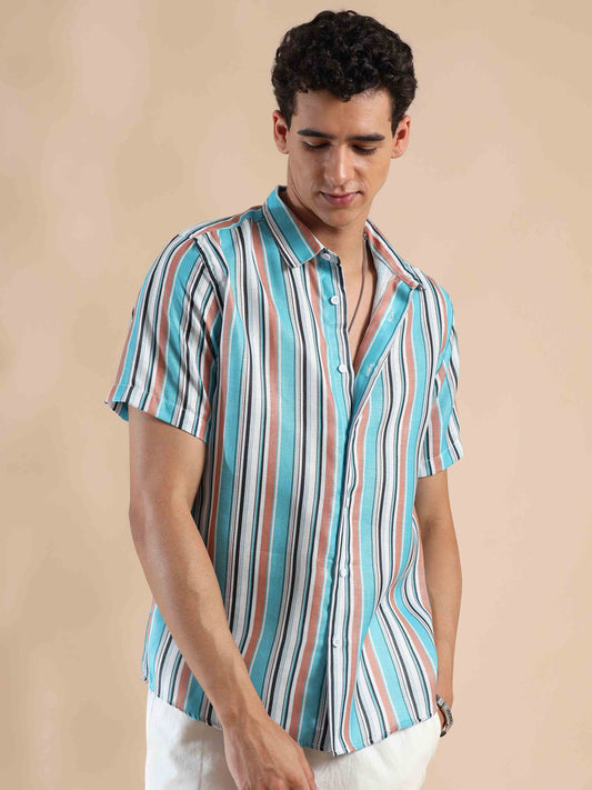 Half sleeve stripe polyester cotton shirt for men