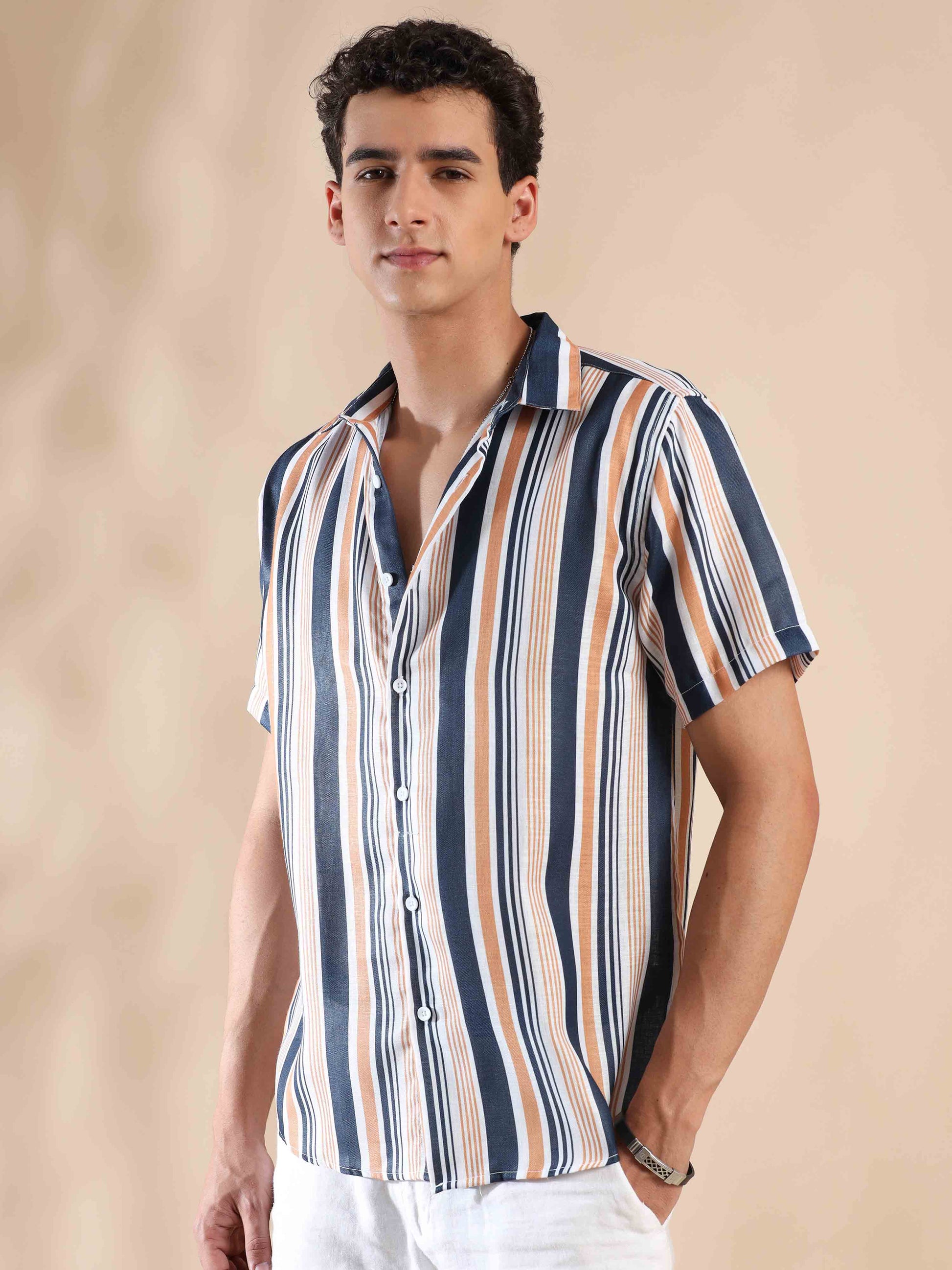Half sleeve stripe polyester cotton shirt for men