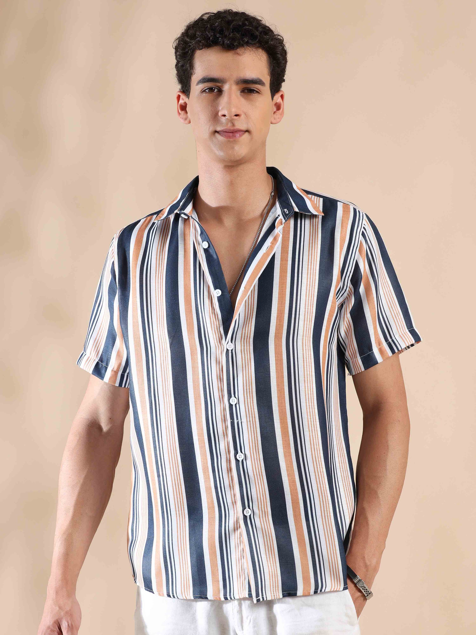 Half sleeve stripe polyester cotton shirt for men