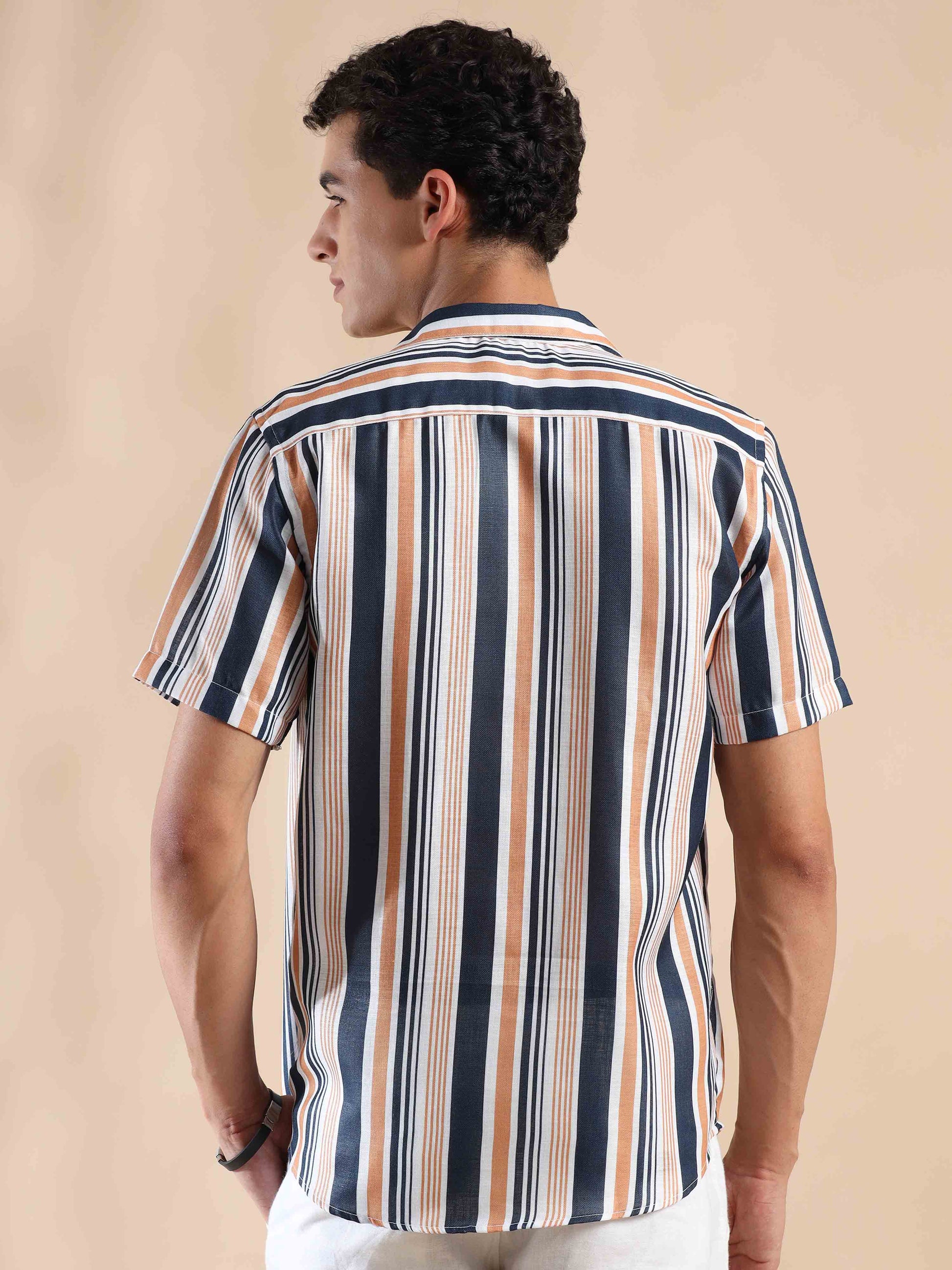 Half sleeve stripe polyester cotton shirt for men