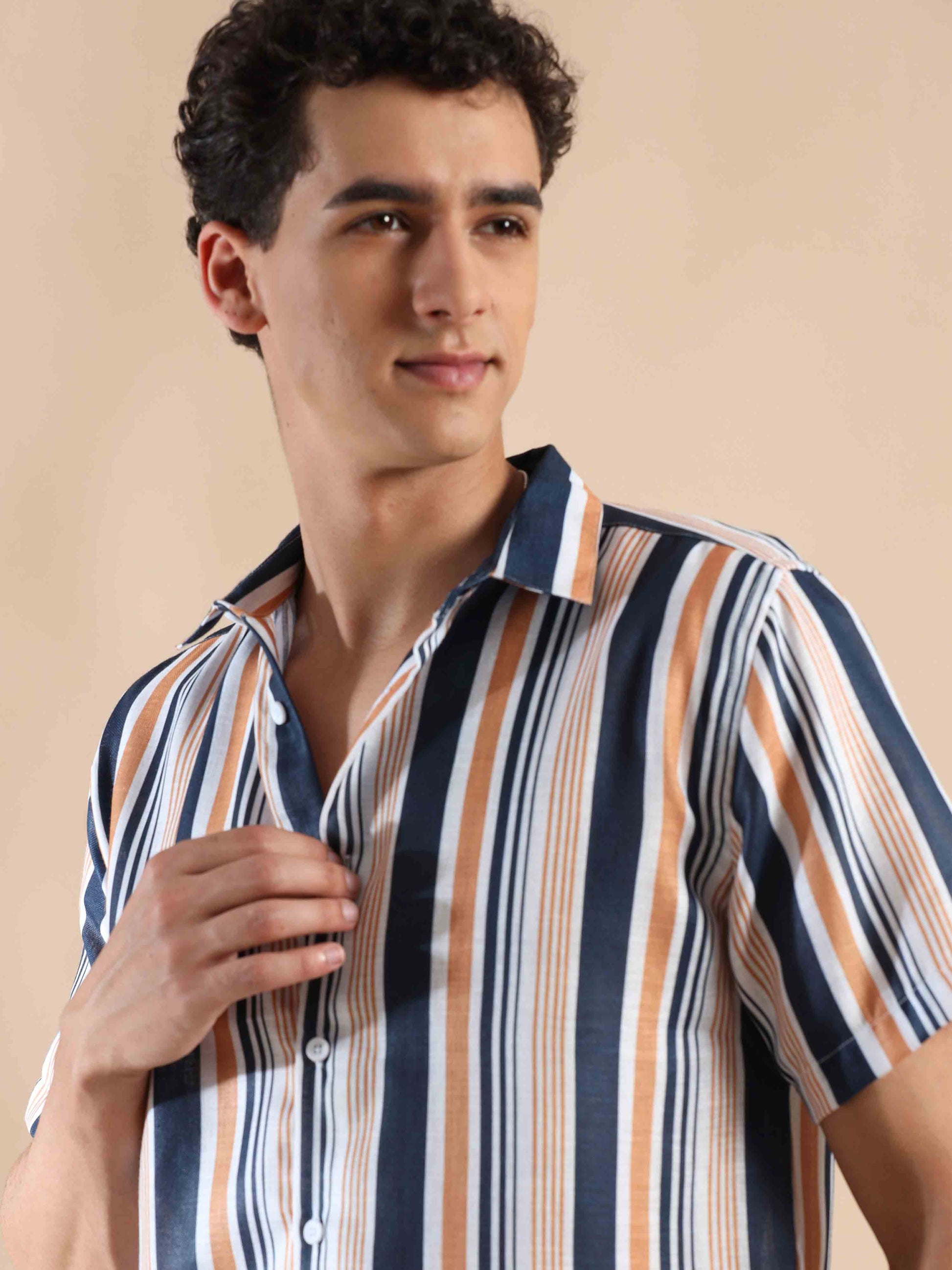 Half sleeve stripe polyester cotton shirt for men