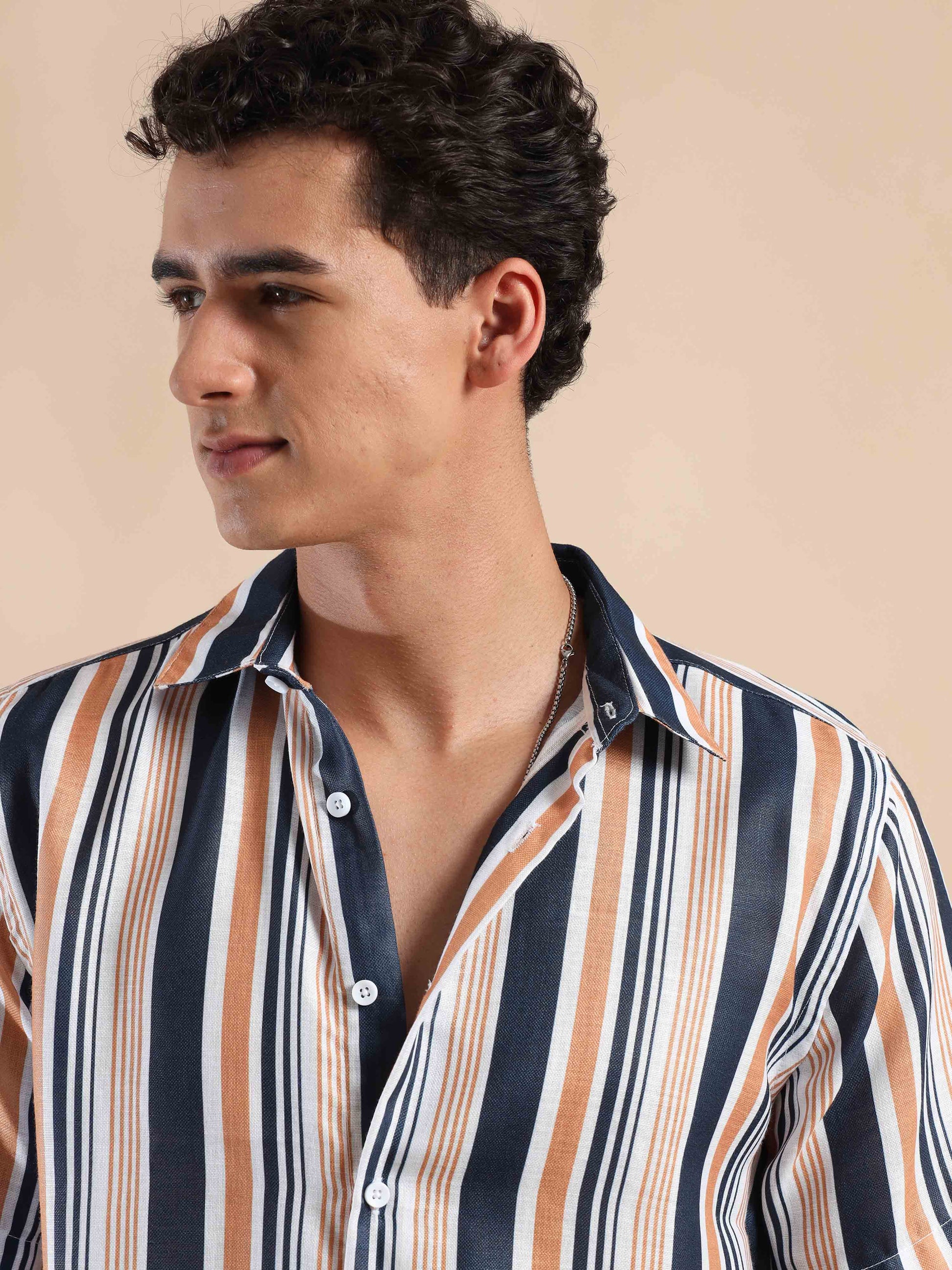 Half sleeve stripe polyester cotton shirt for men