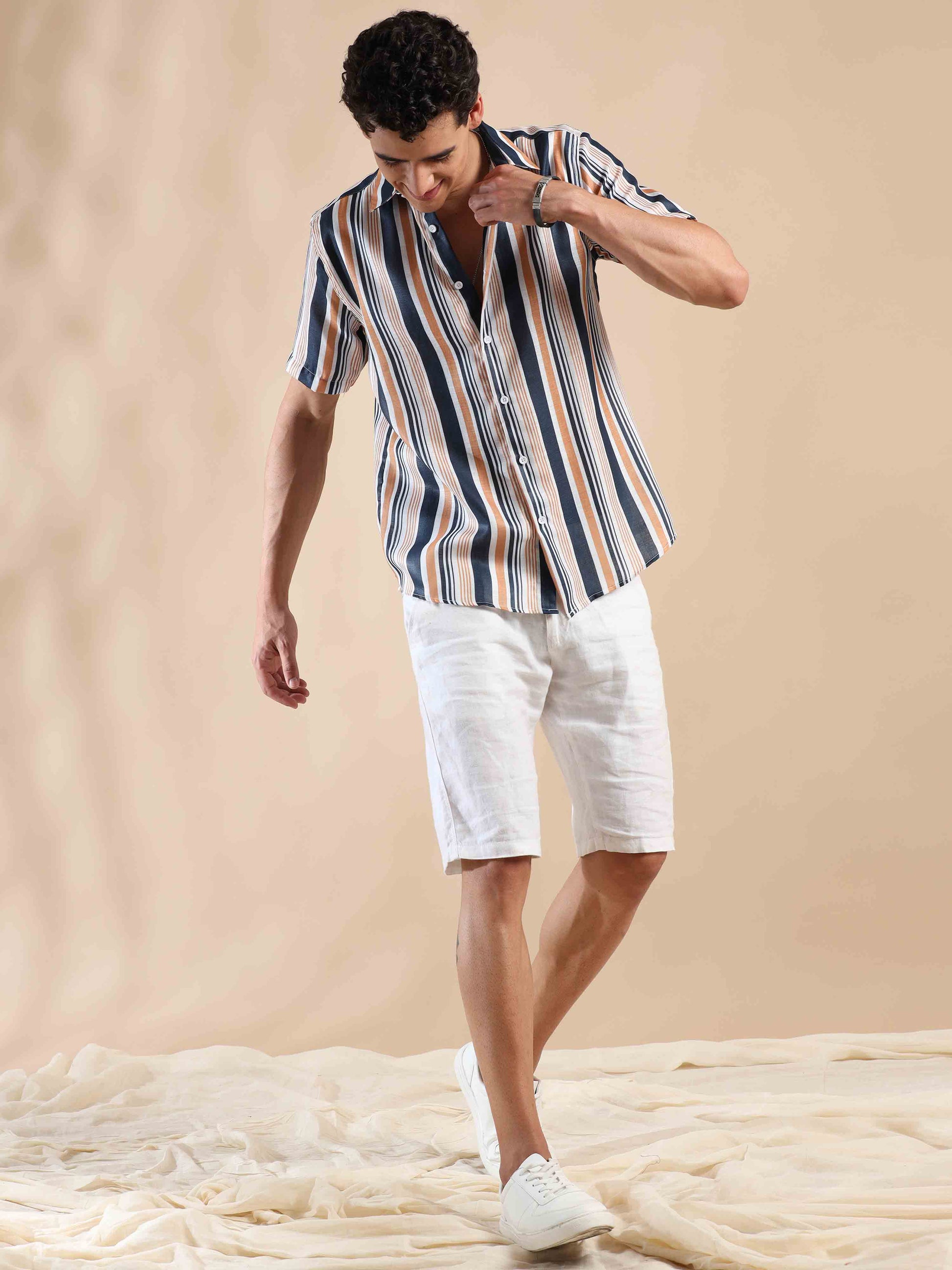 Half sleeve stripe polyester cotton shirt for men