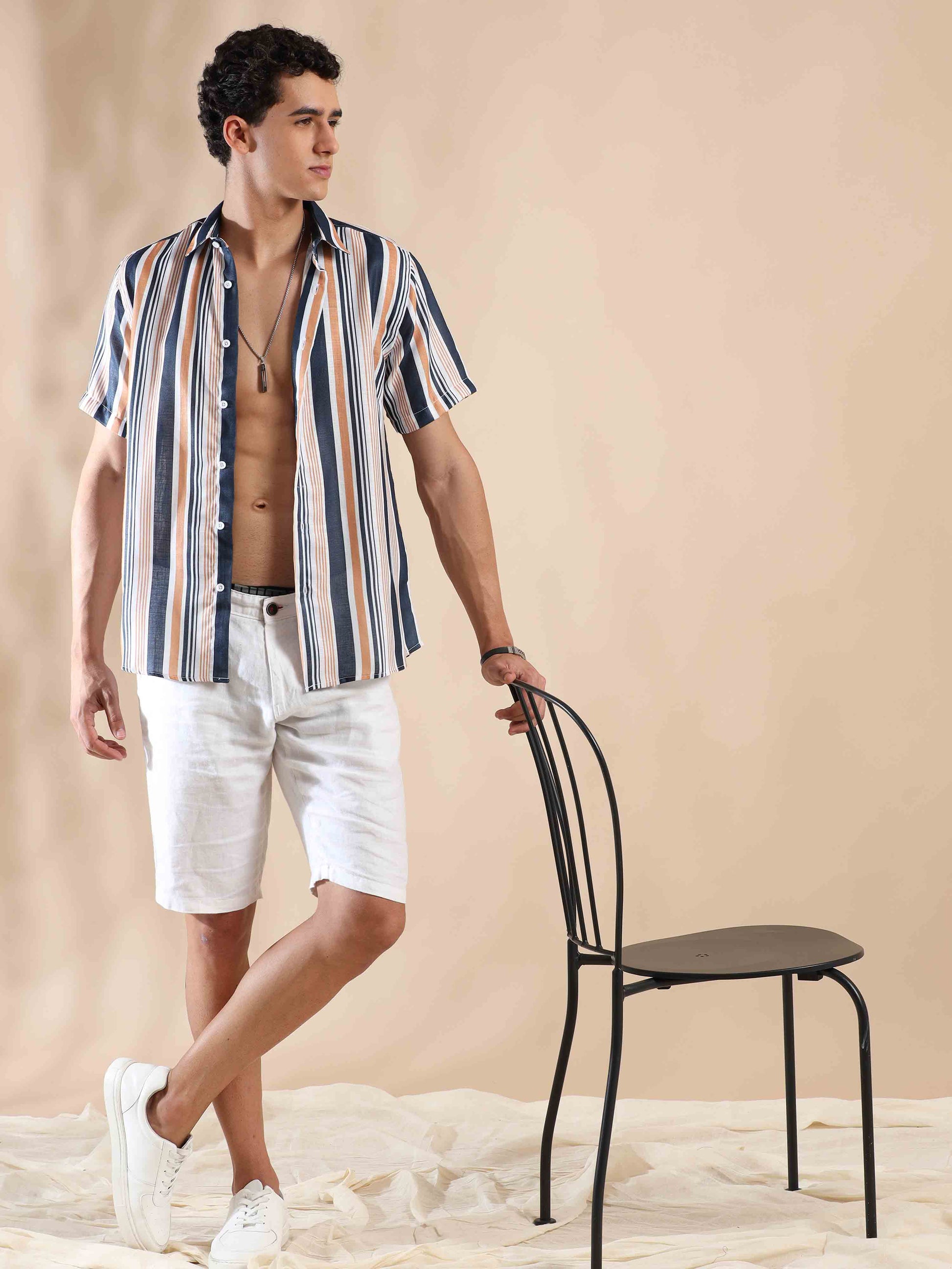 Half sleeve stripe polyester cotton shirt for men