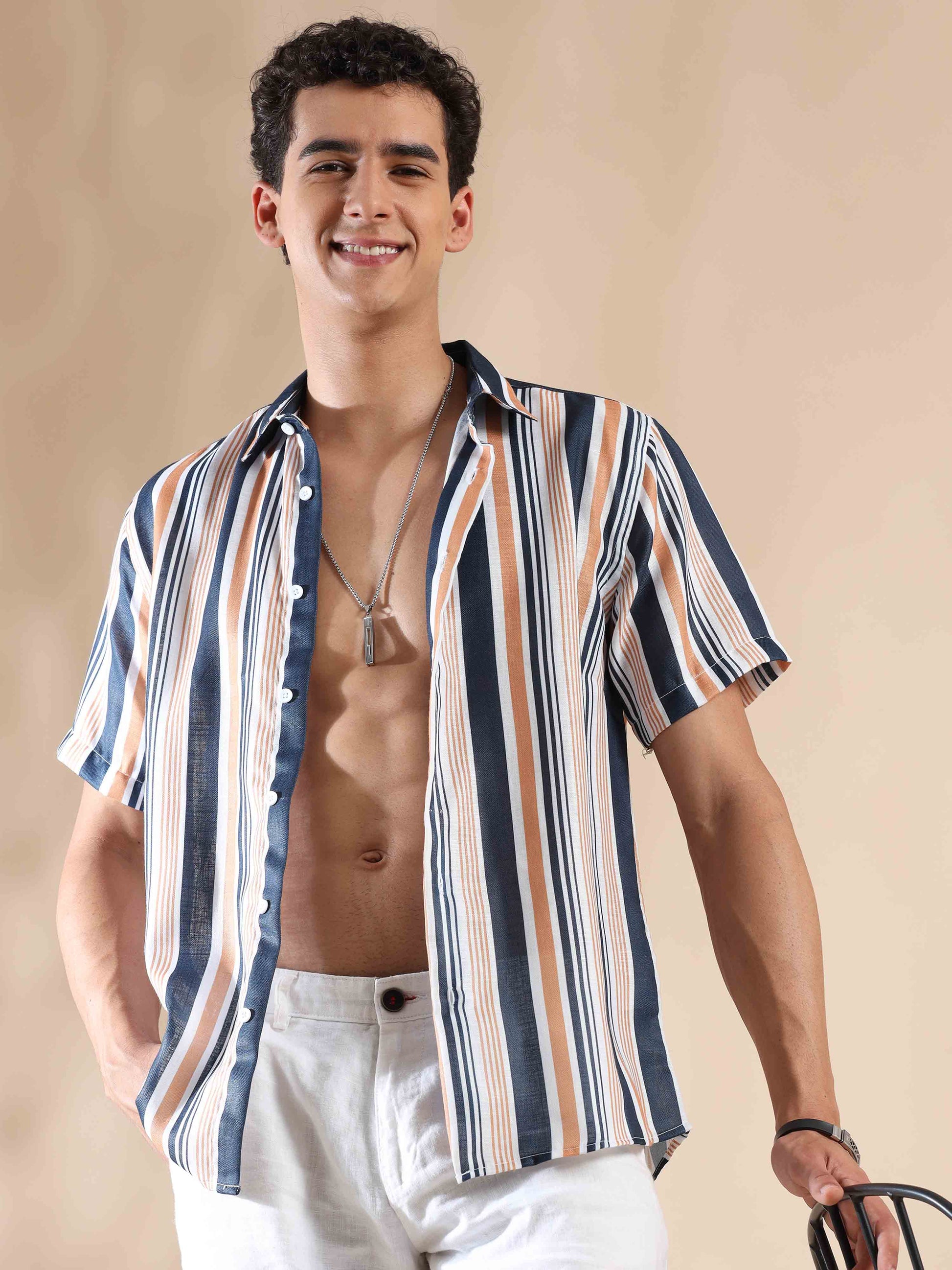 Half sleeve stripe polyester cotton shirt for men