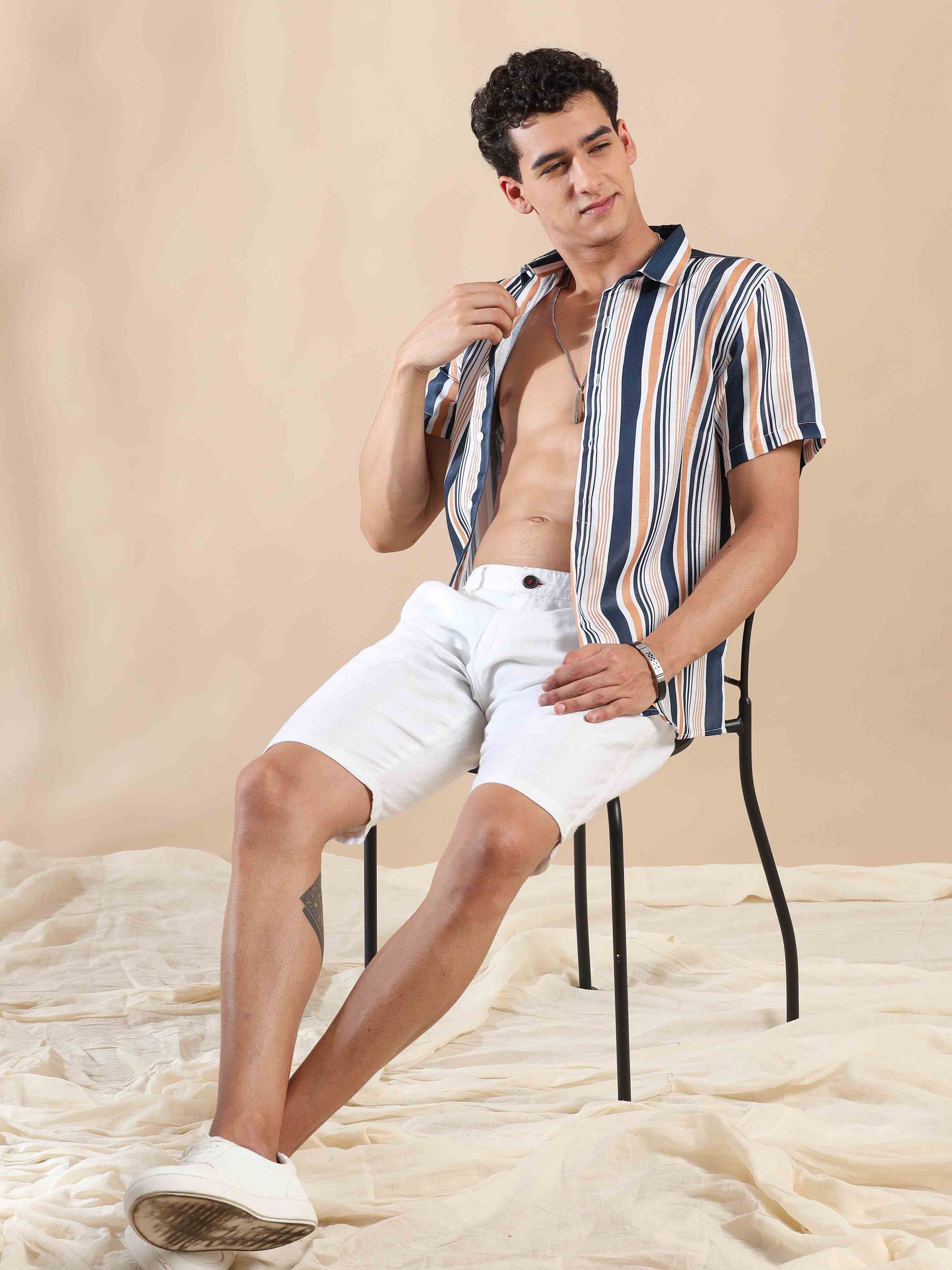 Half sleeve stripe polyester cotton shirt for men
