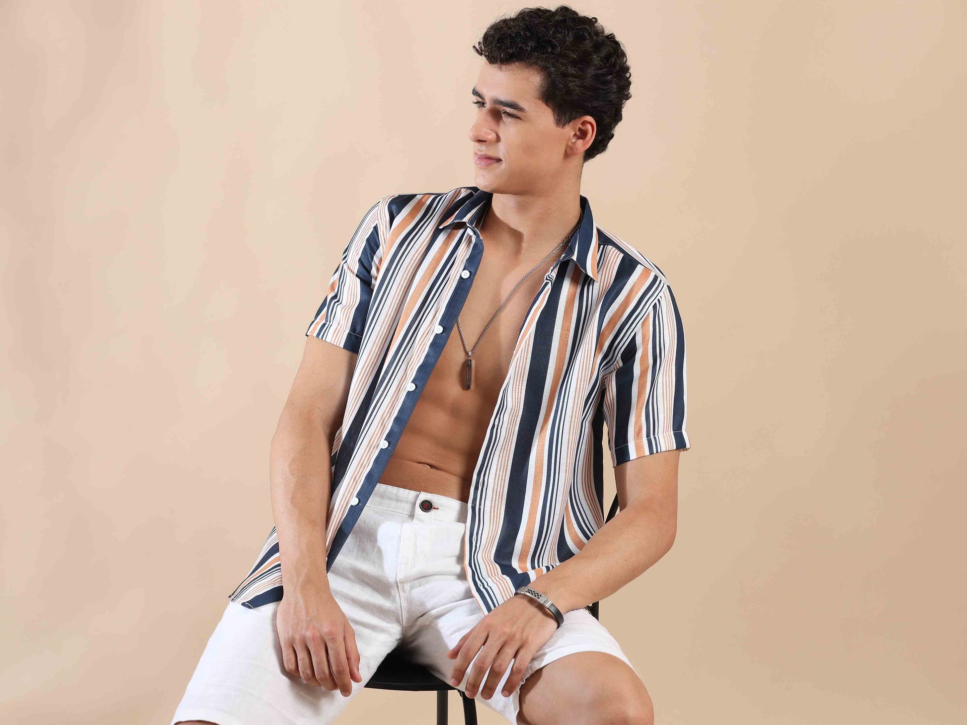 Half sleeve stripe polyester cotton shirt for men