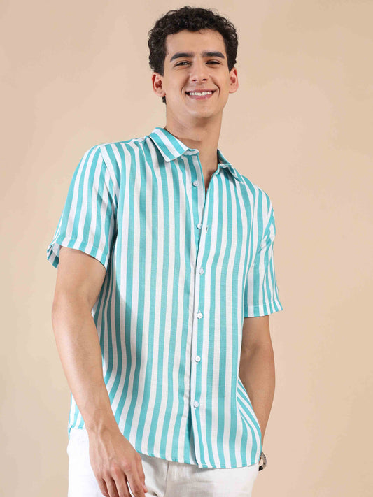 Half sleeve stripe polyester cotton shirt for men