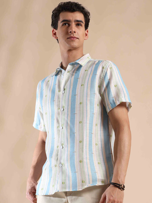 Half sleeve stripe polyester cotton shirt for men