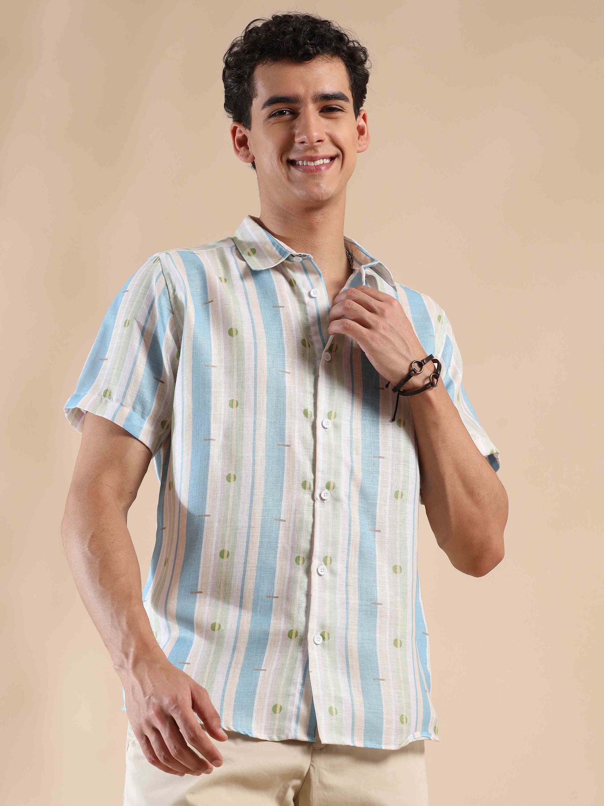Half sleeve stripe polyester cotton shirt for men