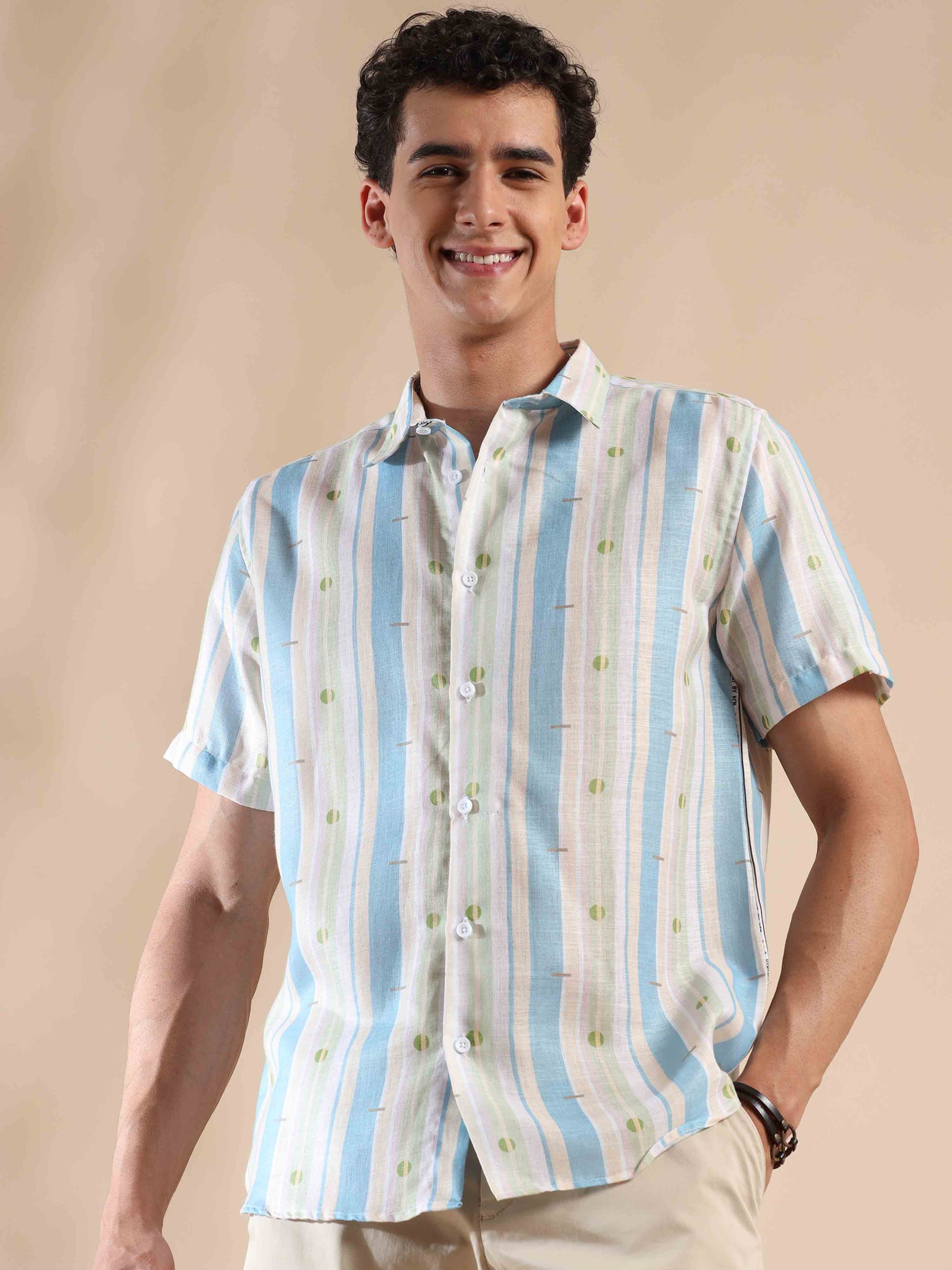 Half sleeve stripe polyester cotton shirt for men