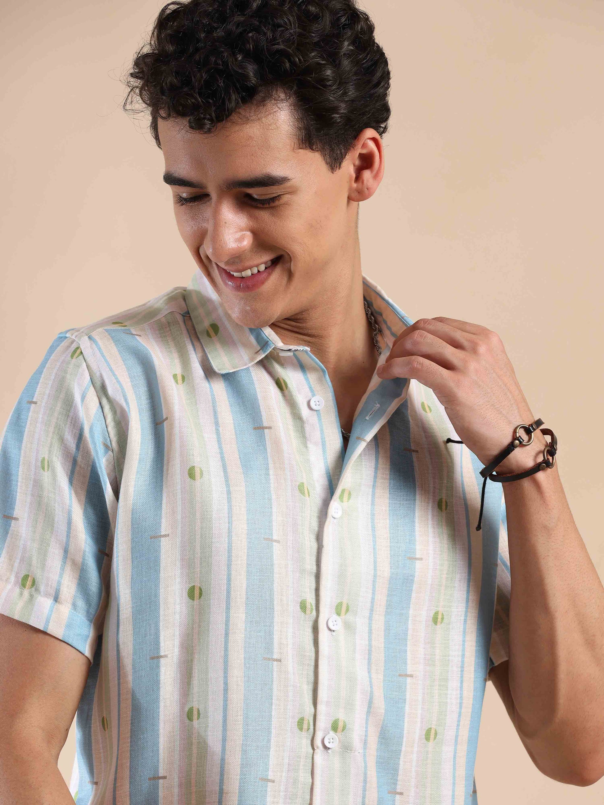 Half sleeve stripe polyester cotton shirt for men