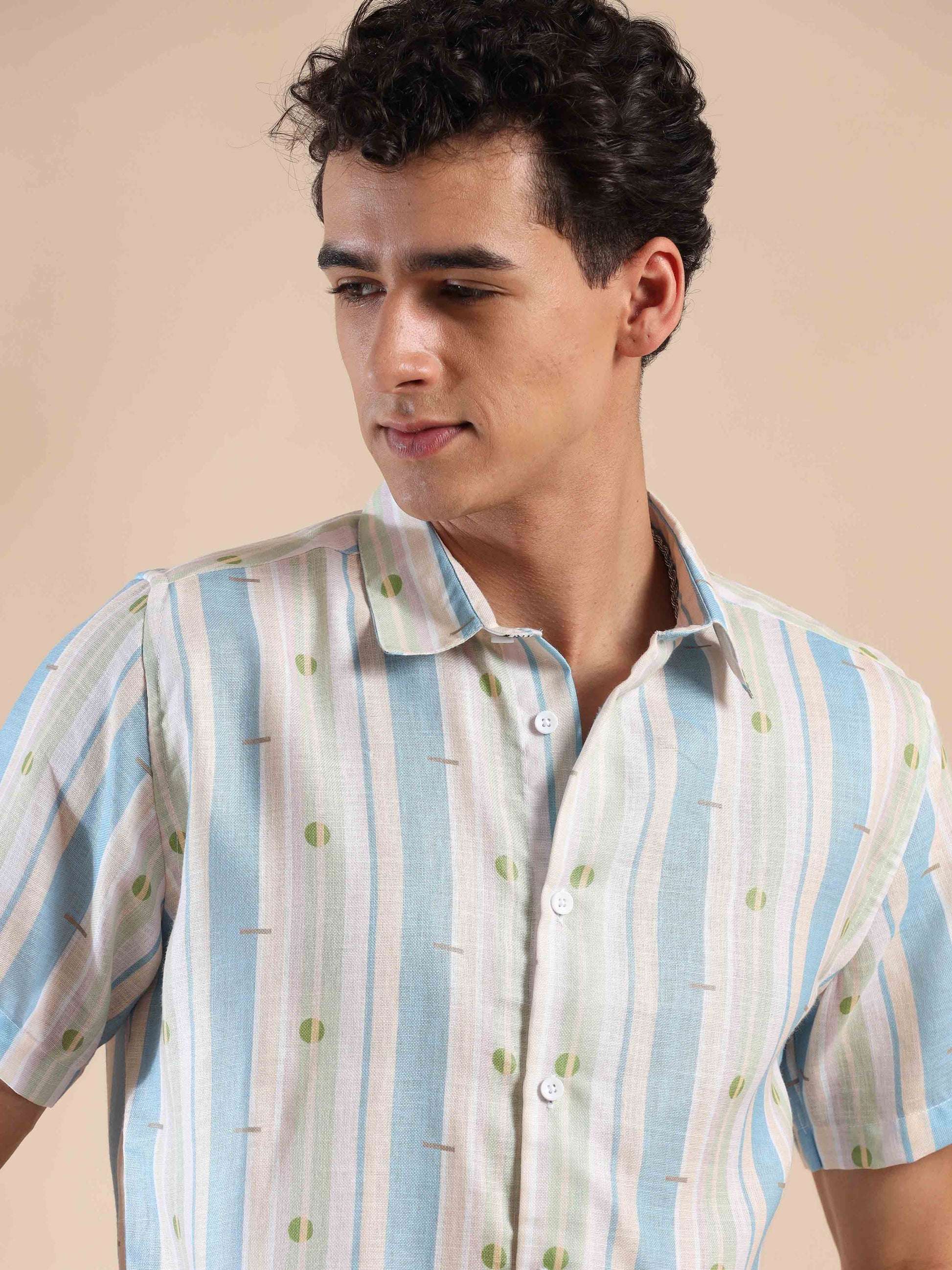 Half sleeve stripe polyester cotton shirt for men