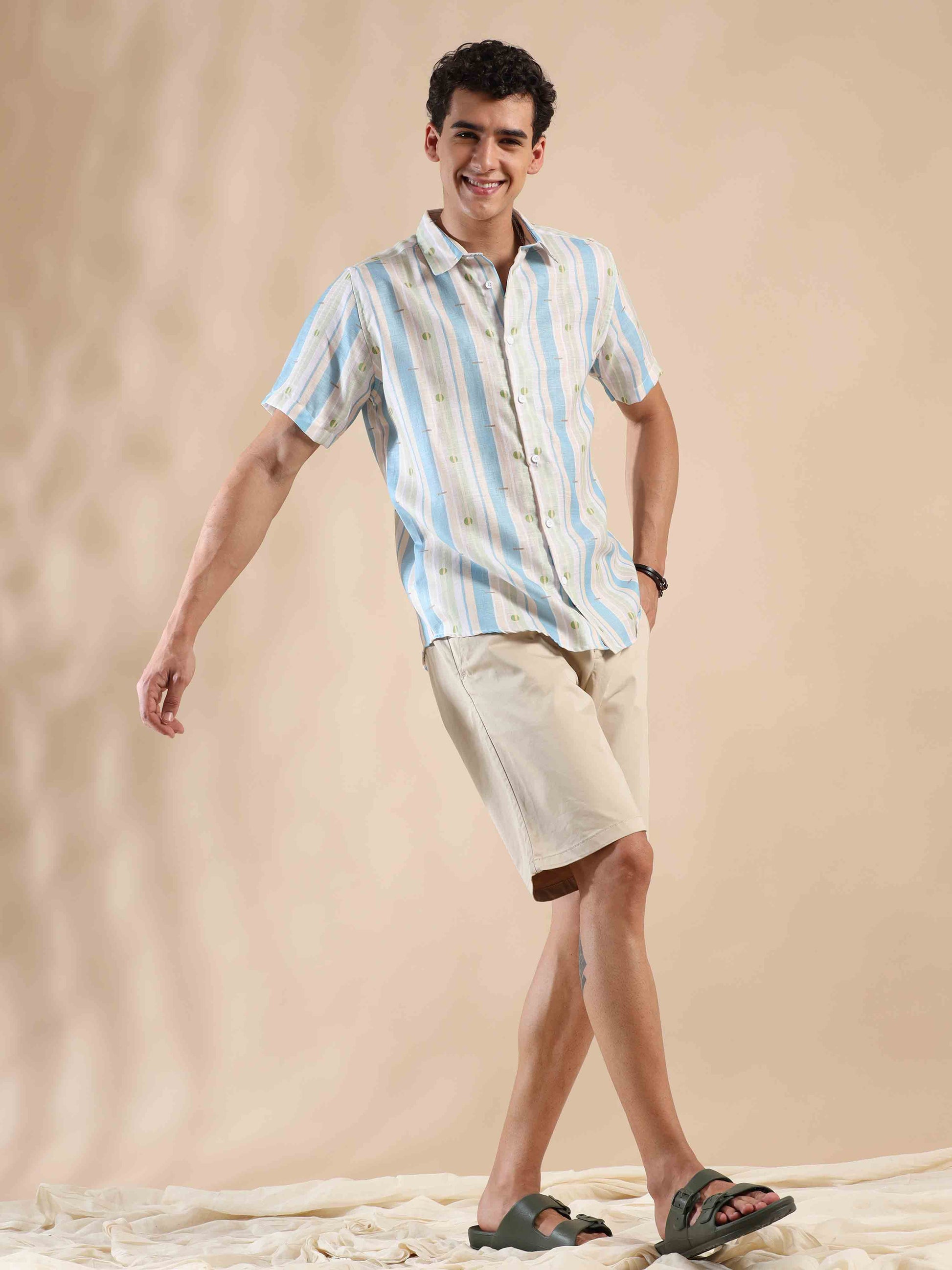 Half sleeve stripe polyester cotton shirt for men