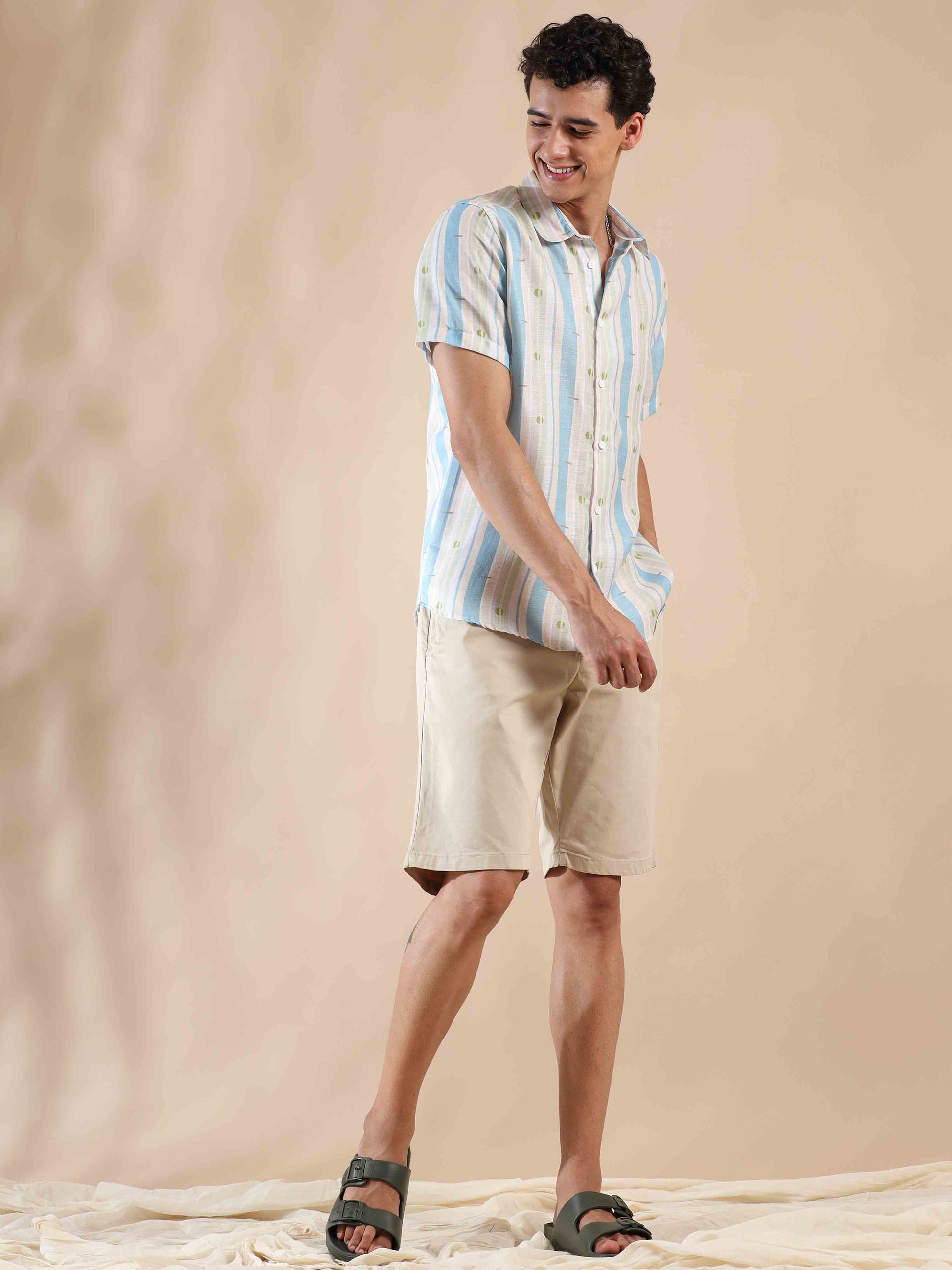Half sleeve stripe polyester cotton shirt for men