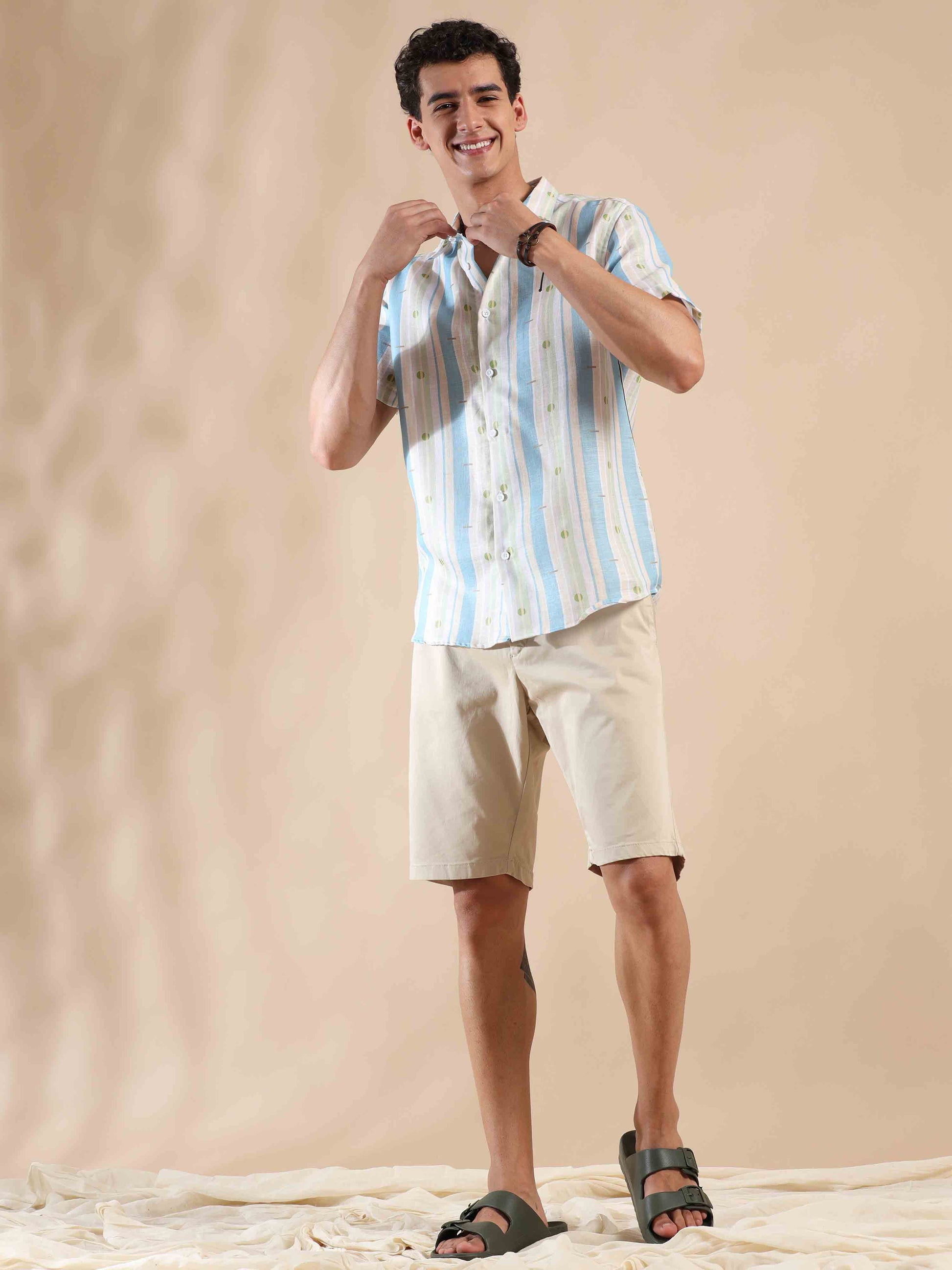 Half sleeve stripe polyester cotton shirt for men