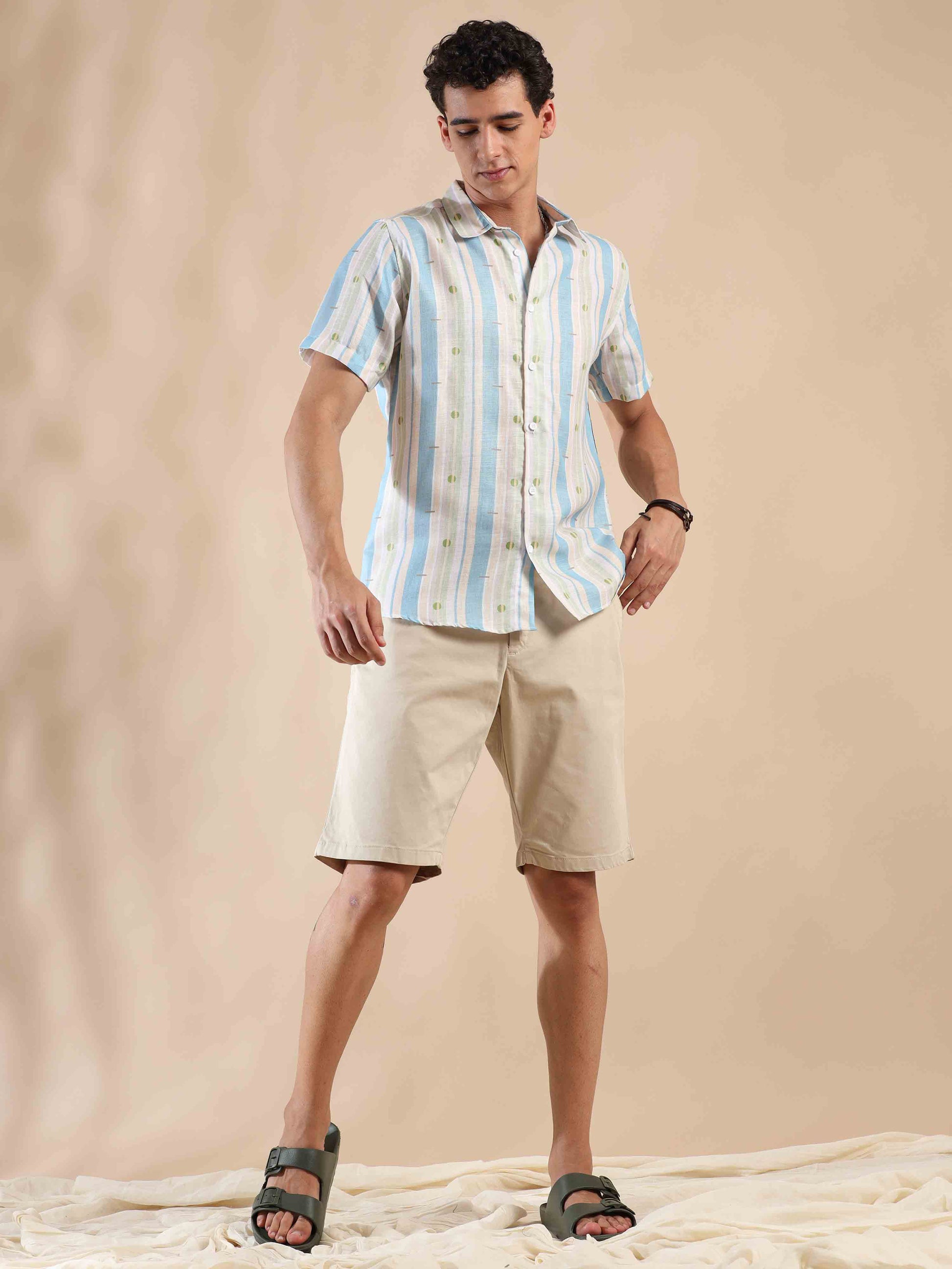 Half sleeve stripe polyester cotton shirt for men