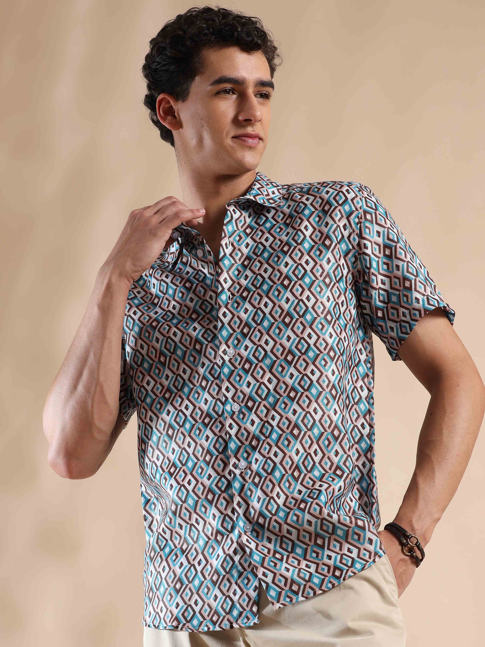 Half sleeve printed polyester cotton shirt for men
