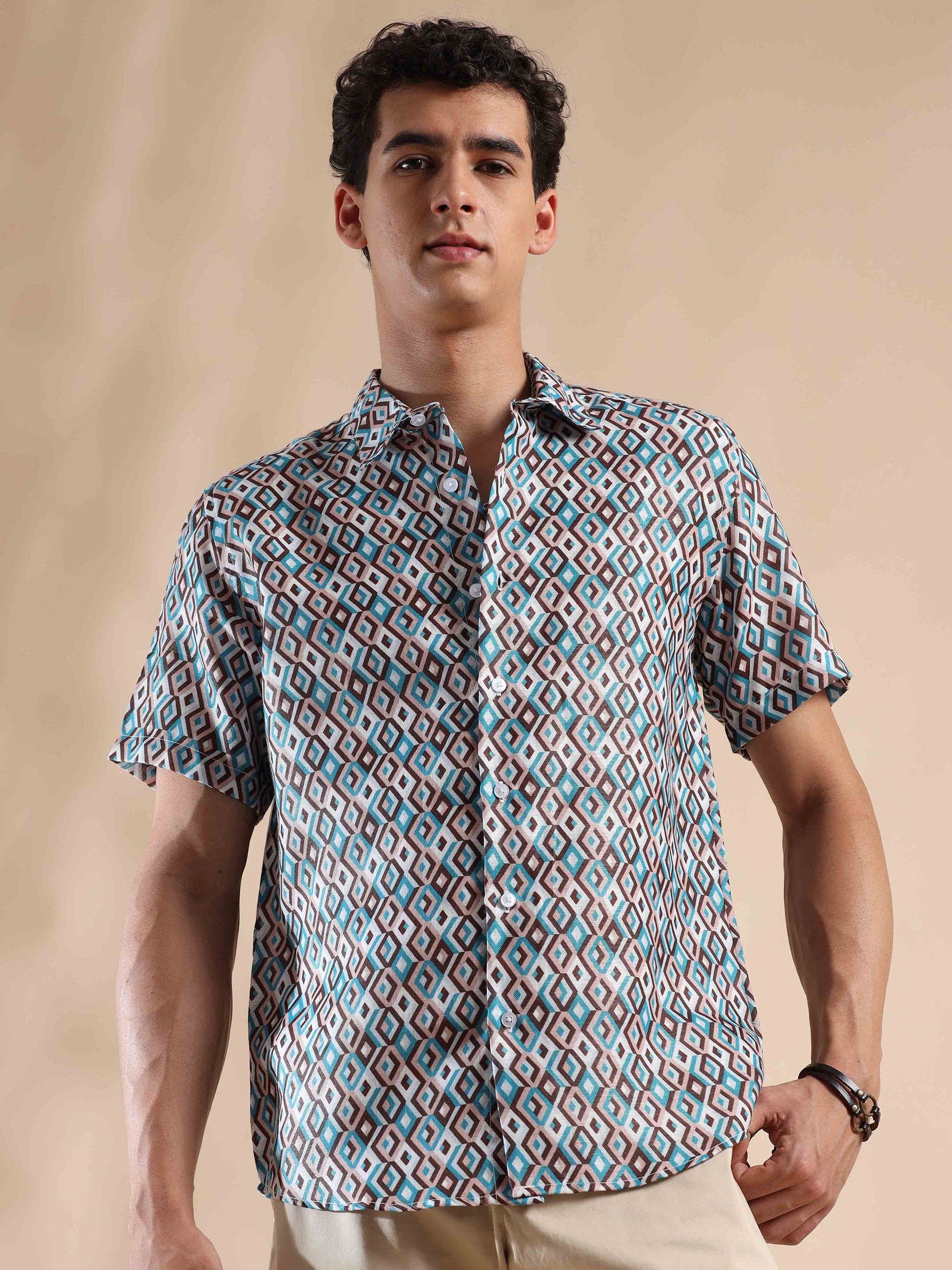 Half sleeve printed polyester cotton shirt for men