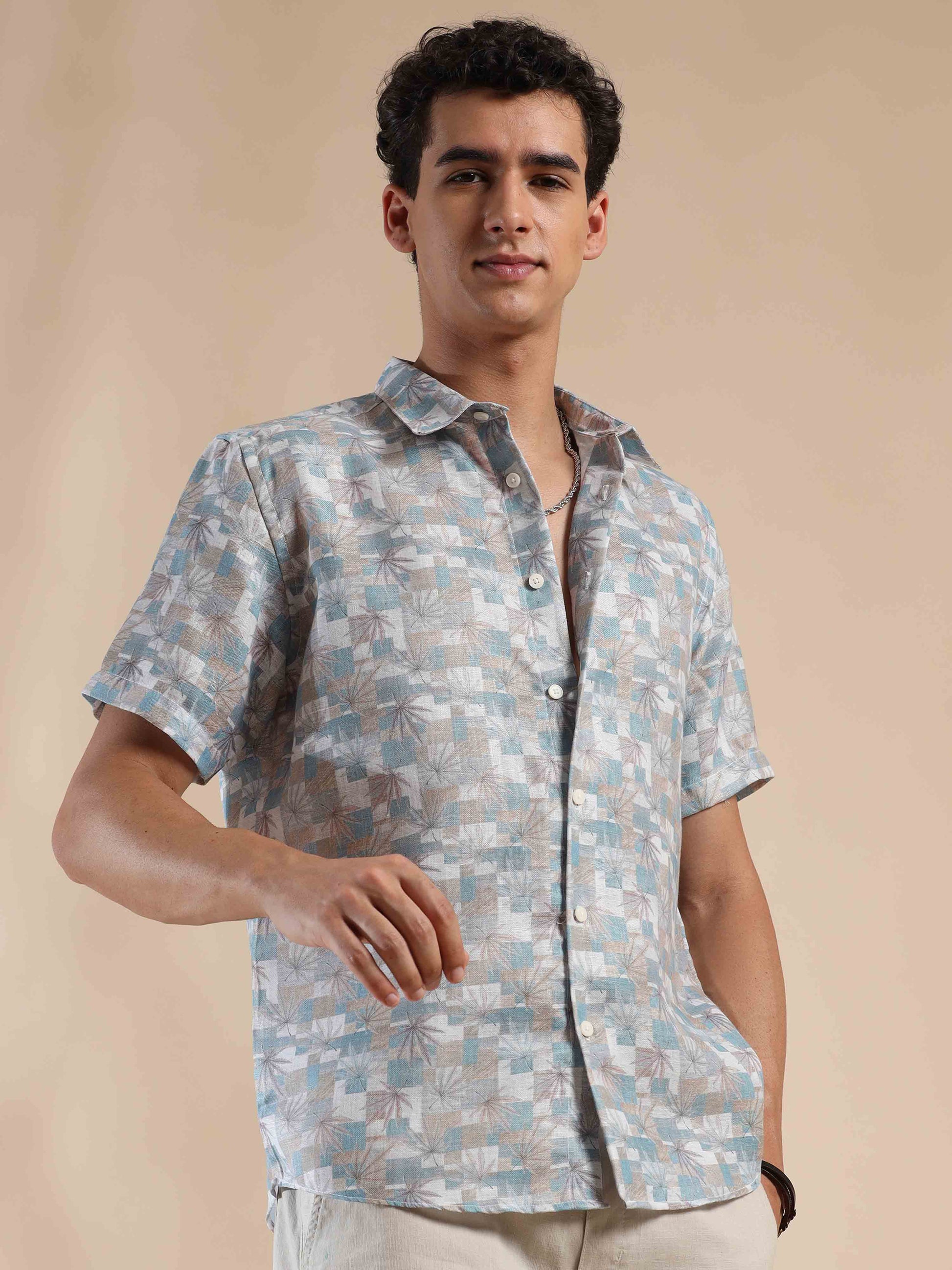 Half sleeve printed grey polyester cotton shirt for men