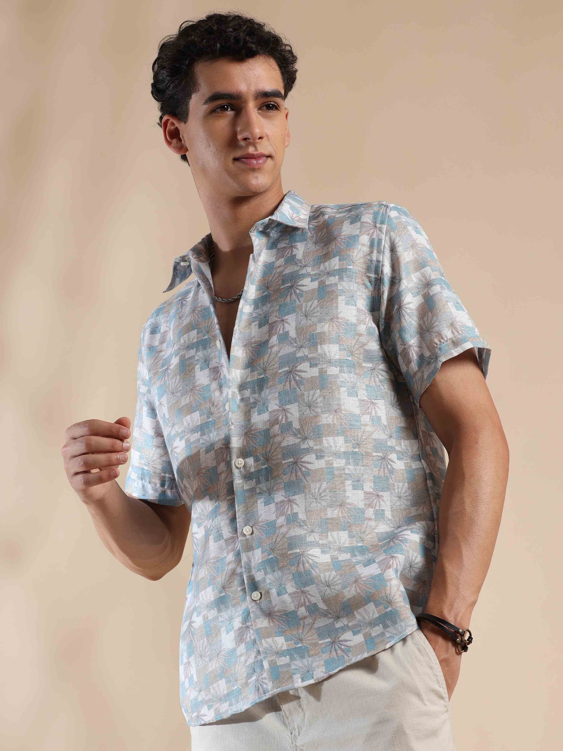 Half sleeve printed grey polyester cotton shirt for men
