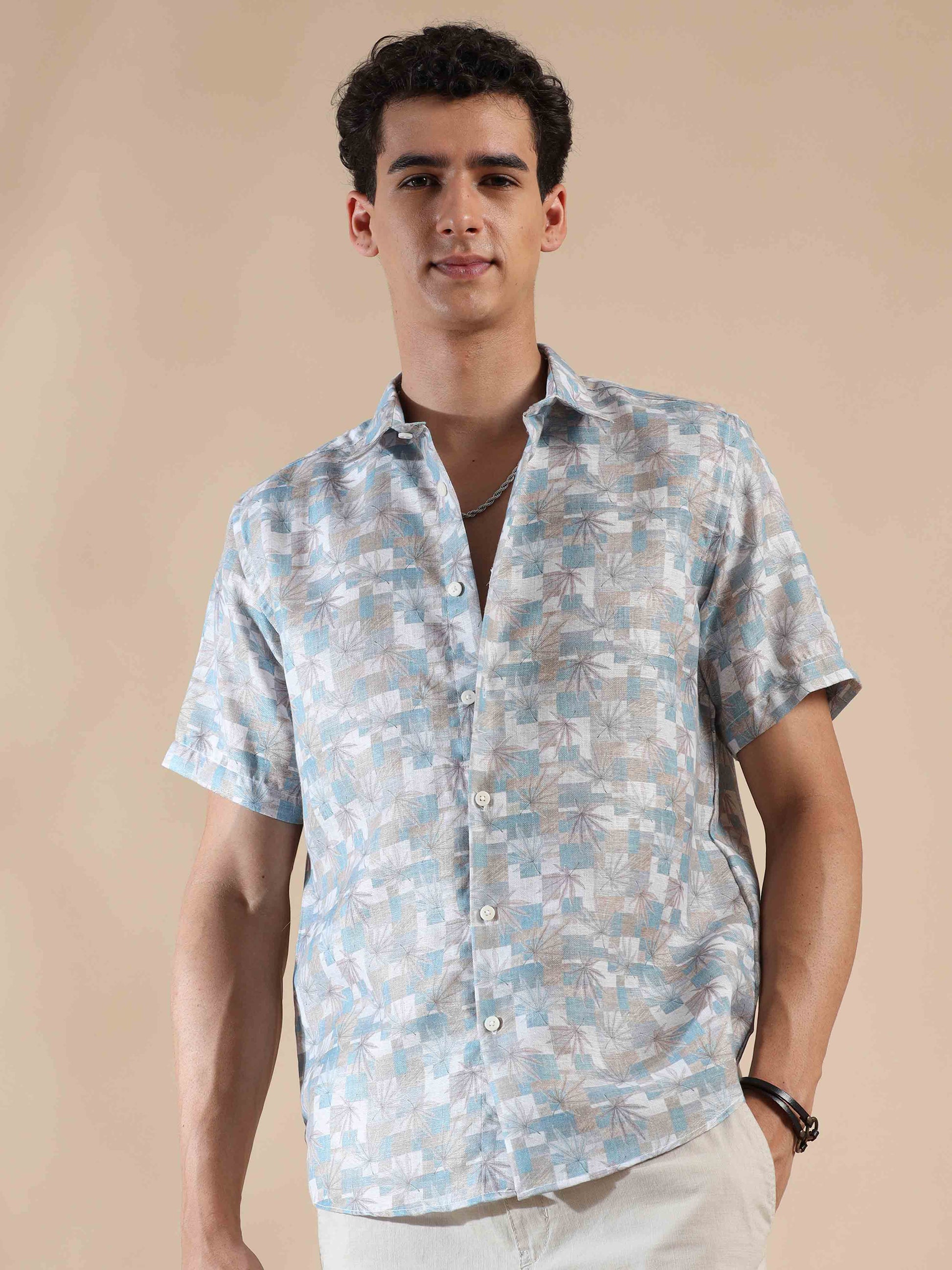 Half sleeve printed grey polyester cotton shirt for men
