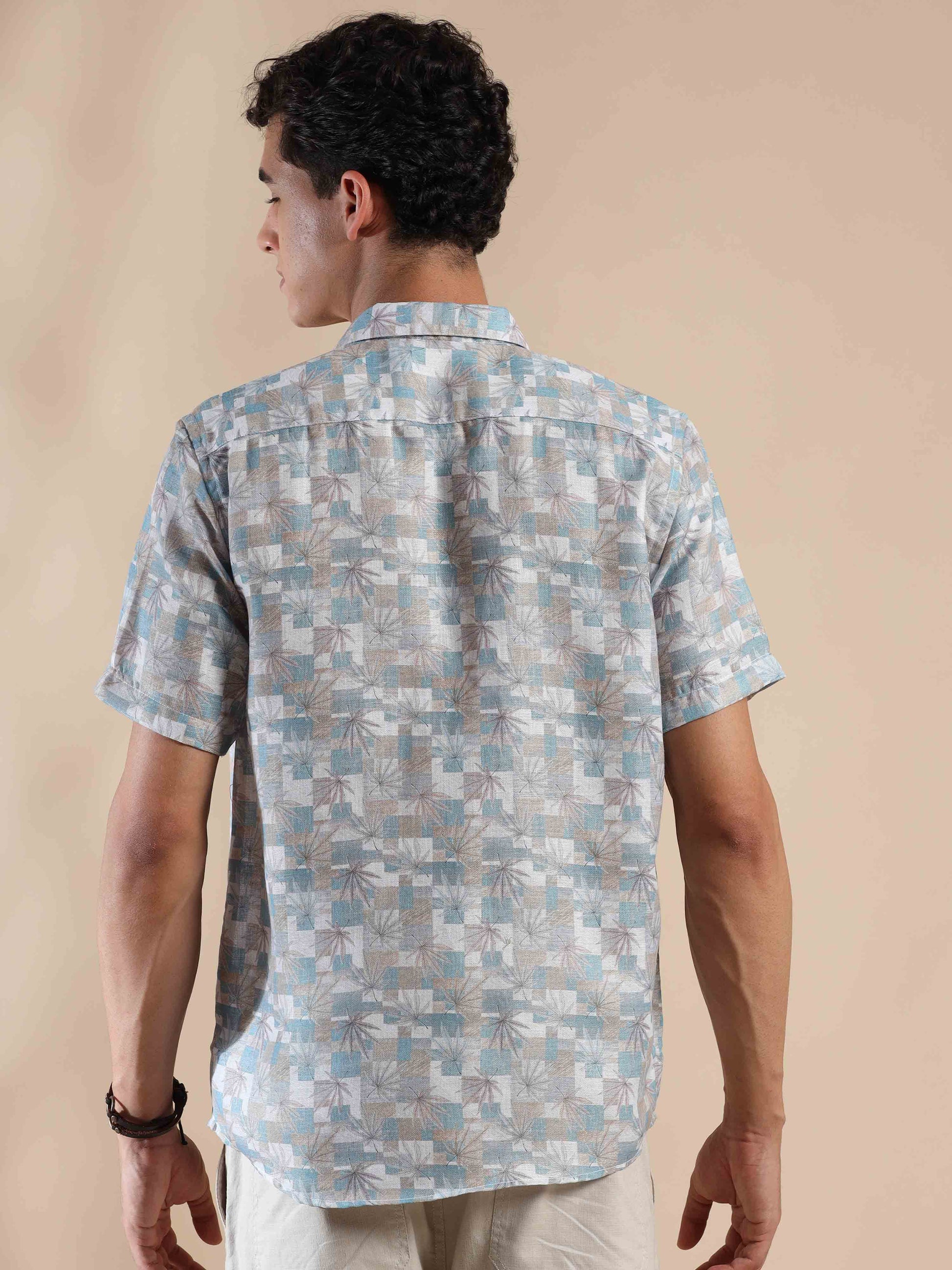 Half sleeve printed grey polyester cotton shirt for men