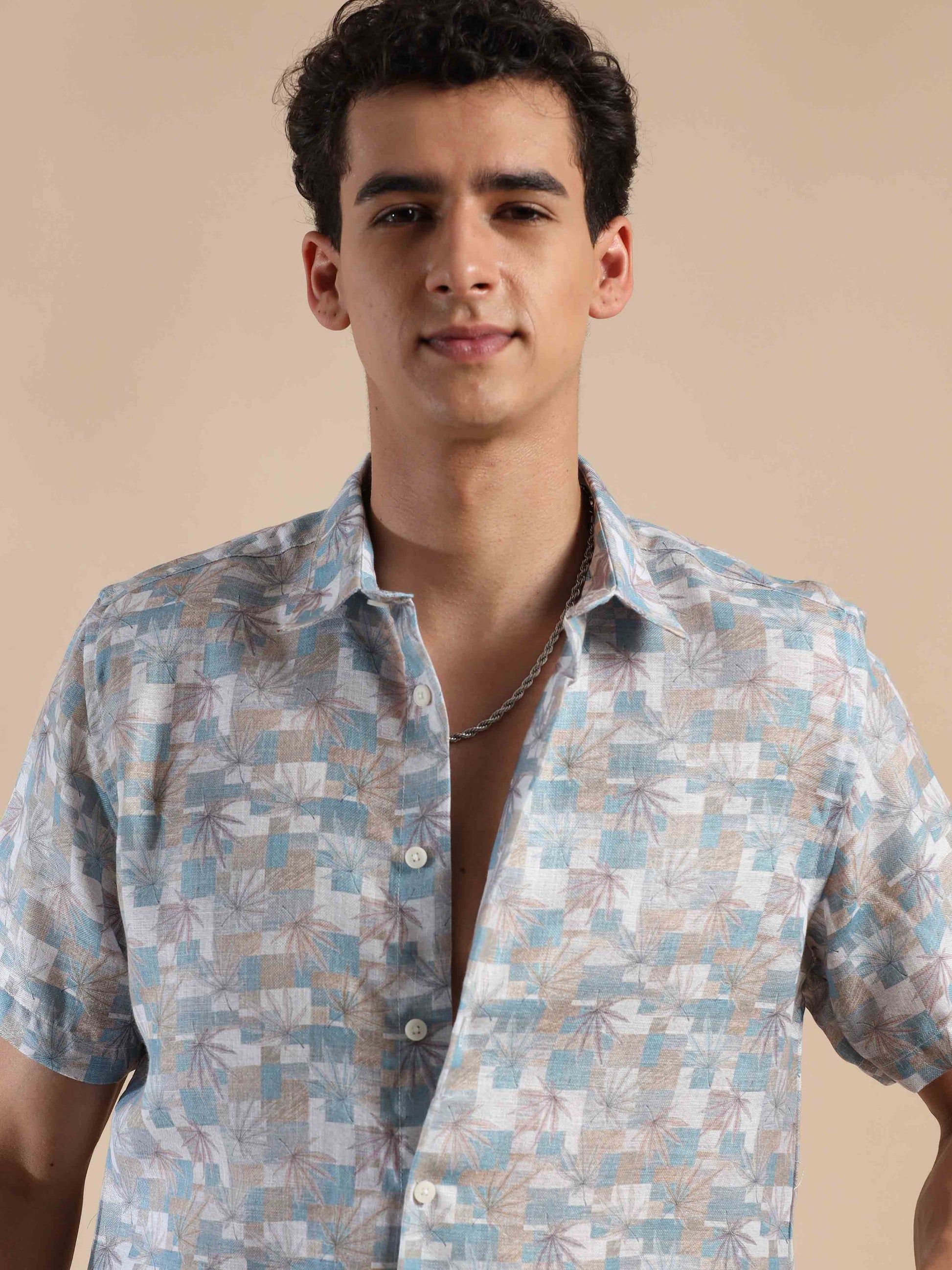 Half sleeve printed grey polyester cotton shirt for men