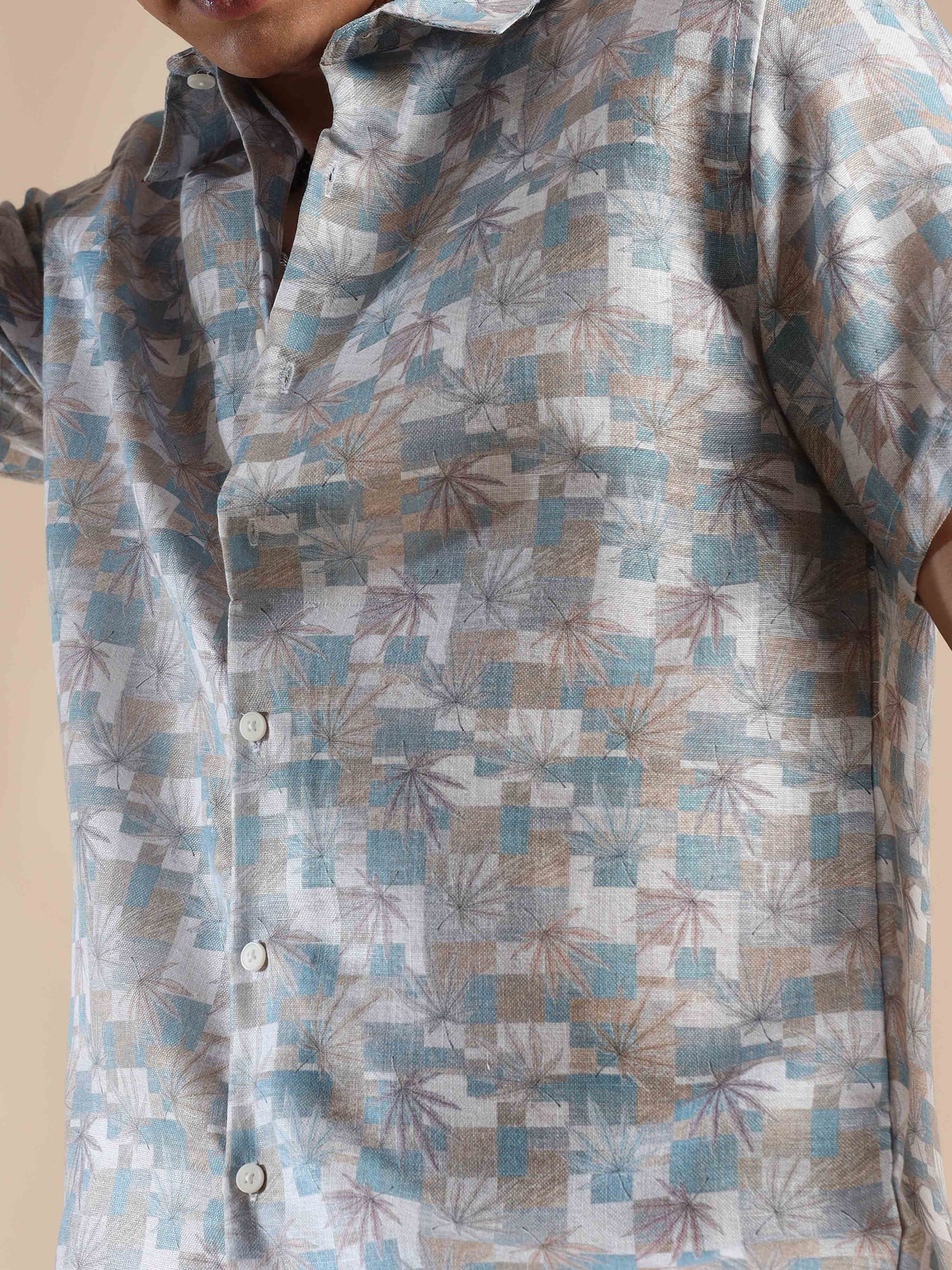 Half sleeve printed grey polyester cotton shirt for men