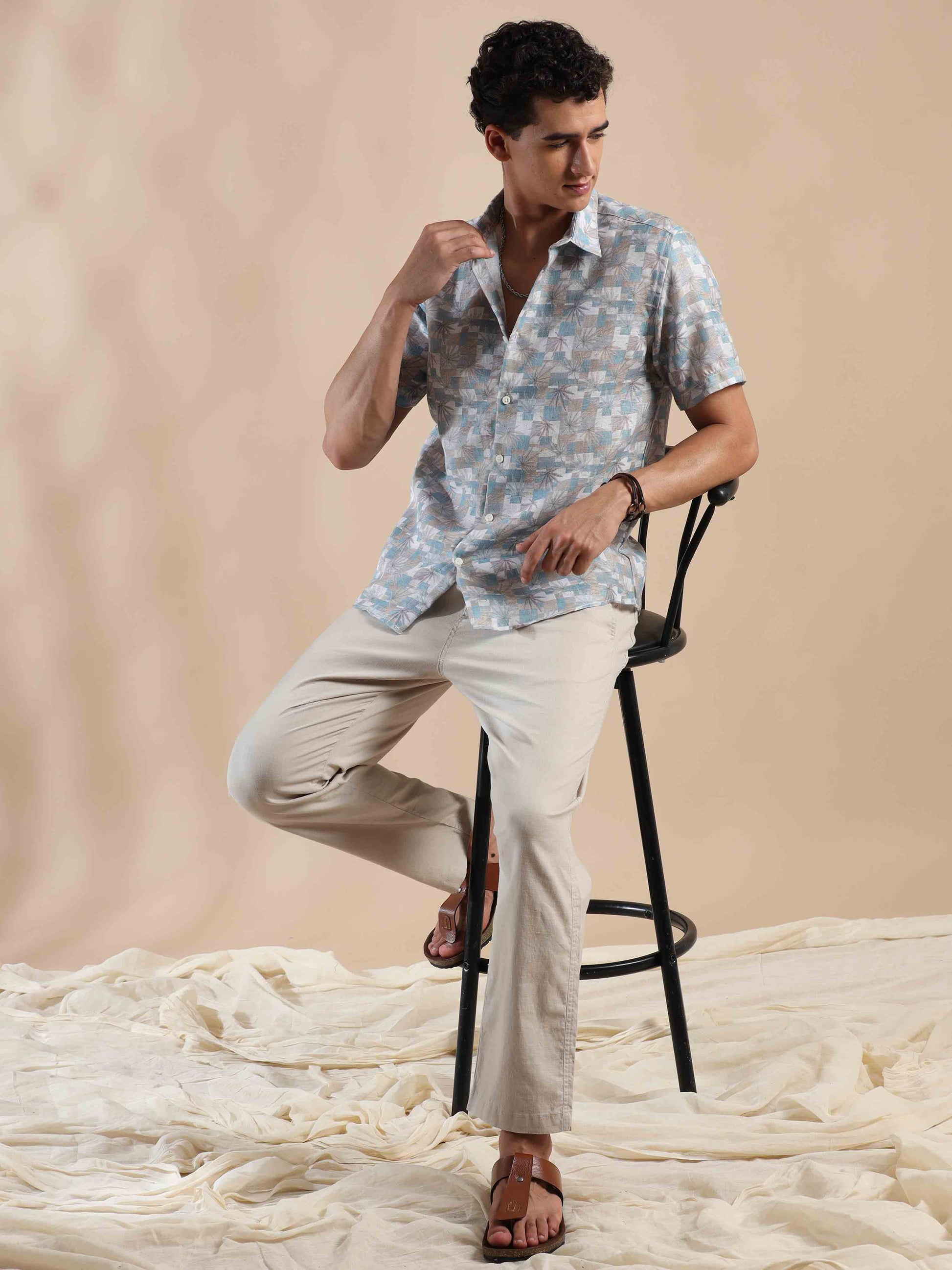 Half sleeve printed grey polyester cotton shirt for men