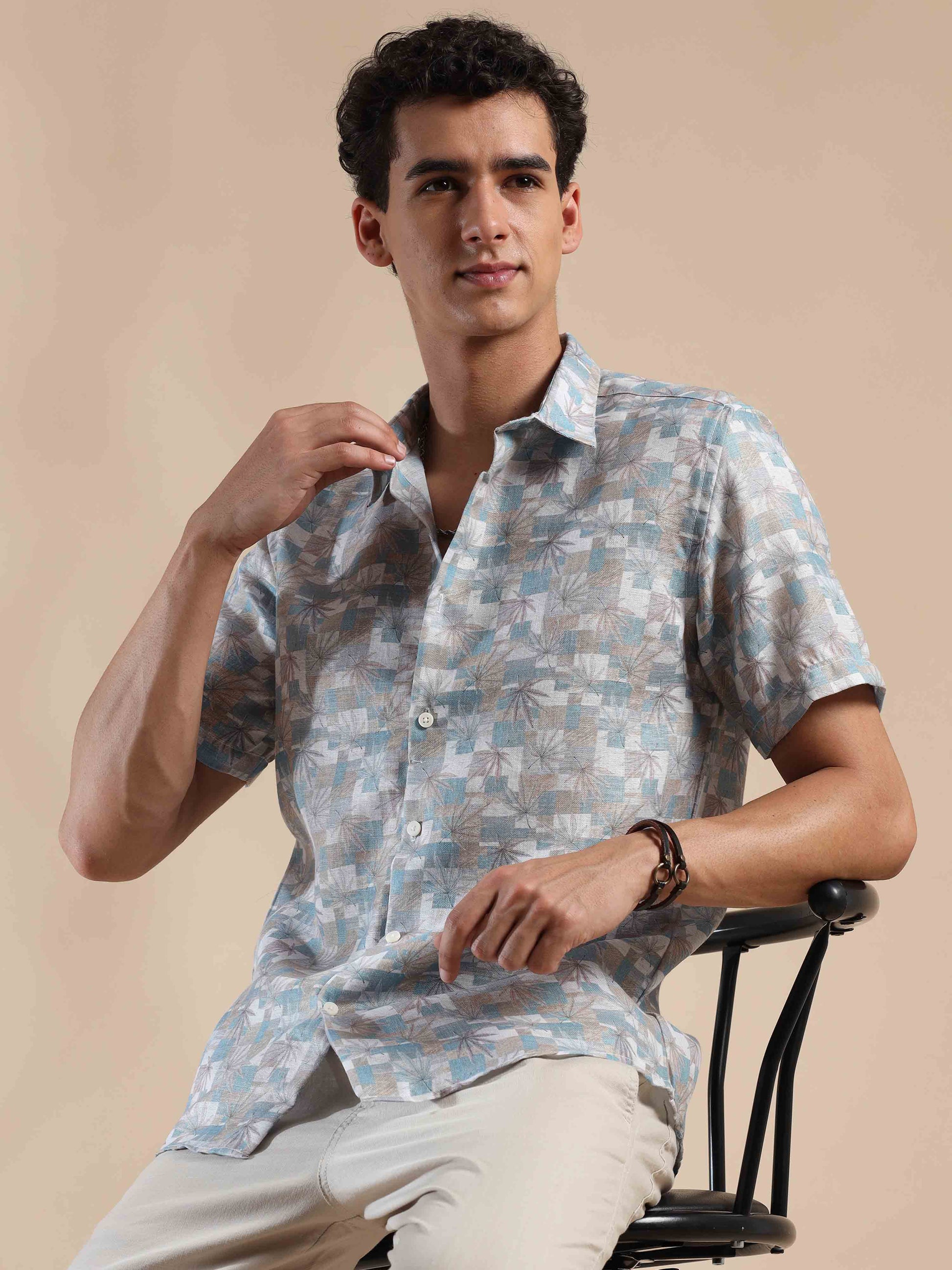 Half sleeve printed grey polyester cotton shirt for men