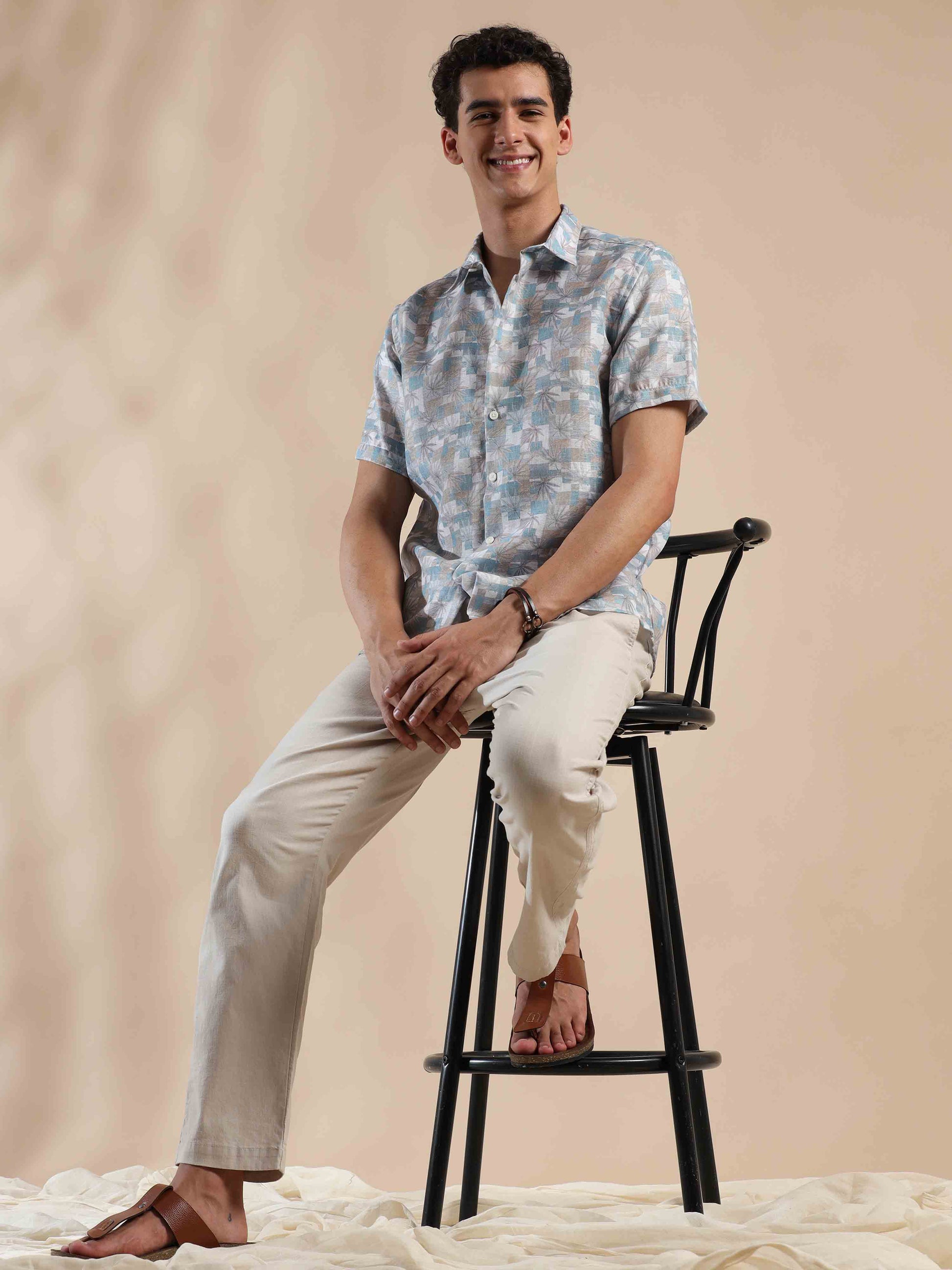 Half sleeve printed grey polyester cotton shirt for men