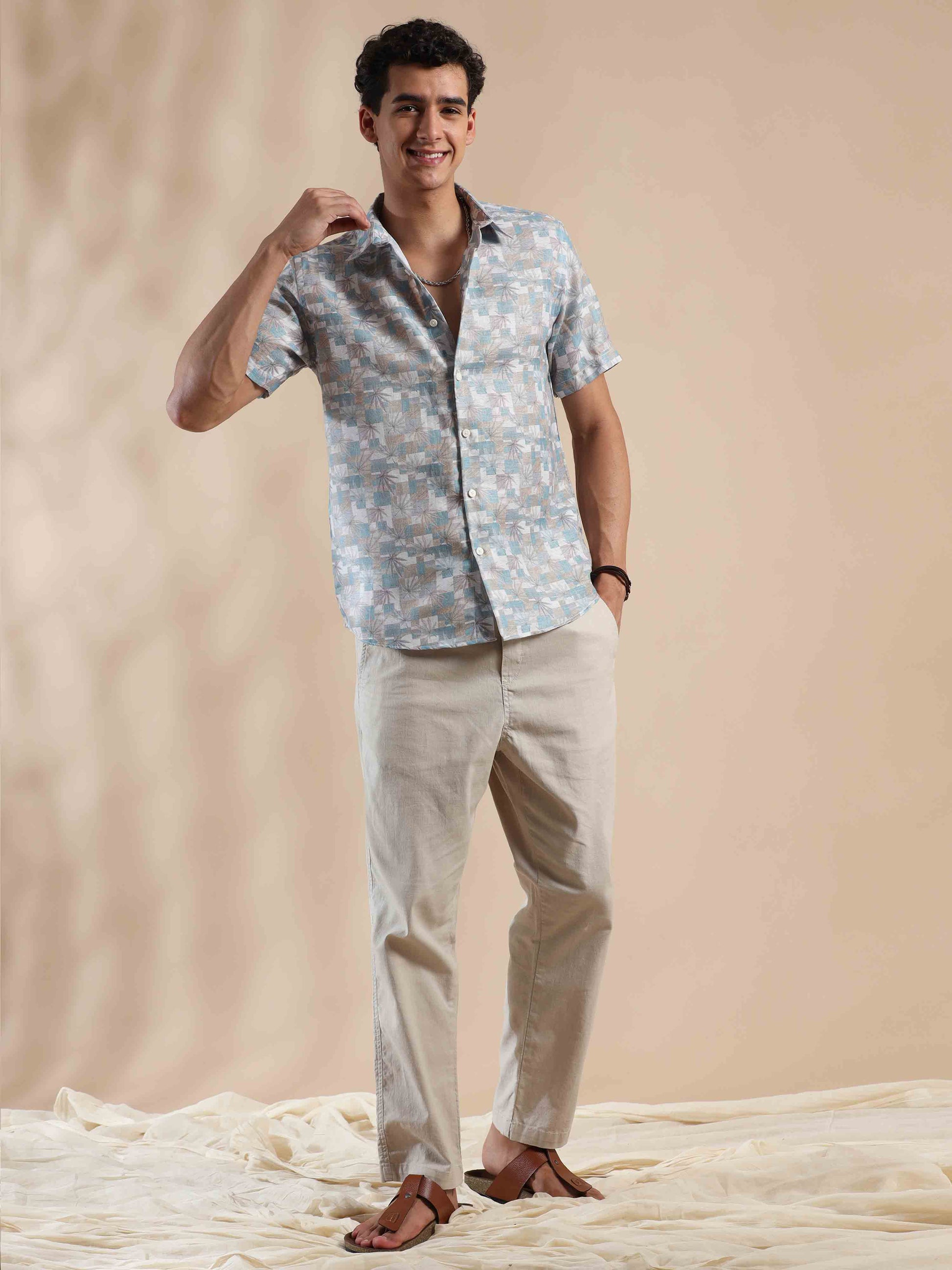Half sleeve printed grey polyester cotton shirt for men