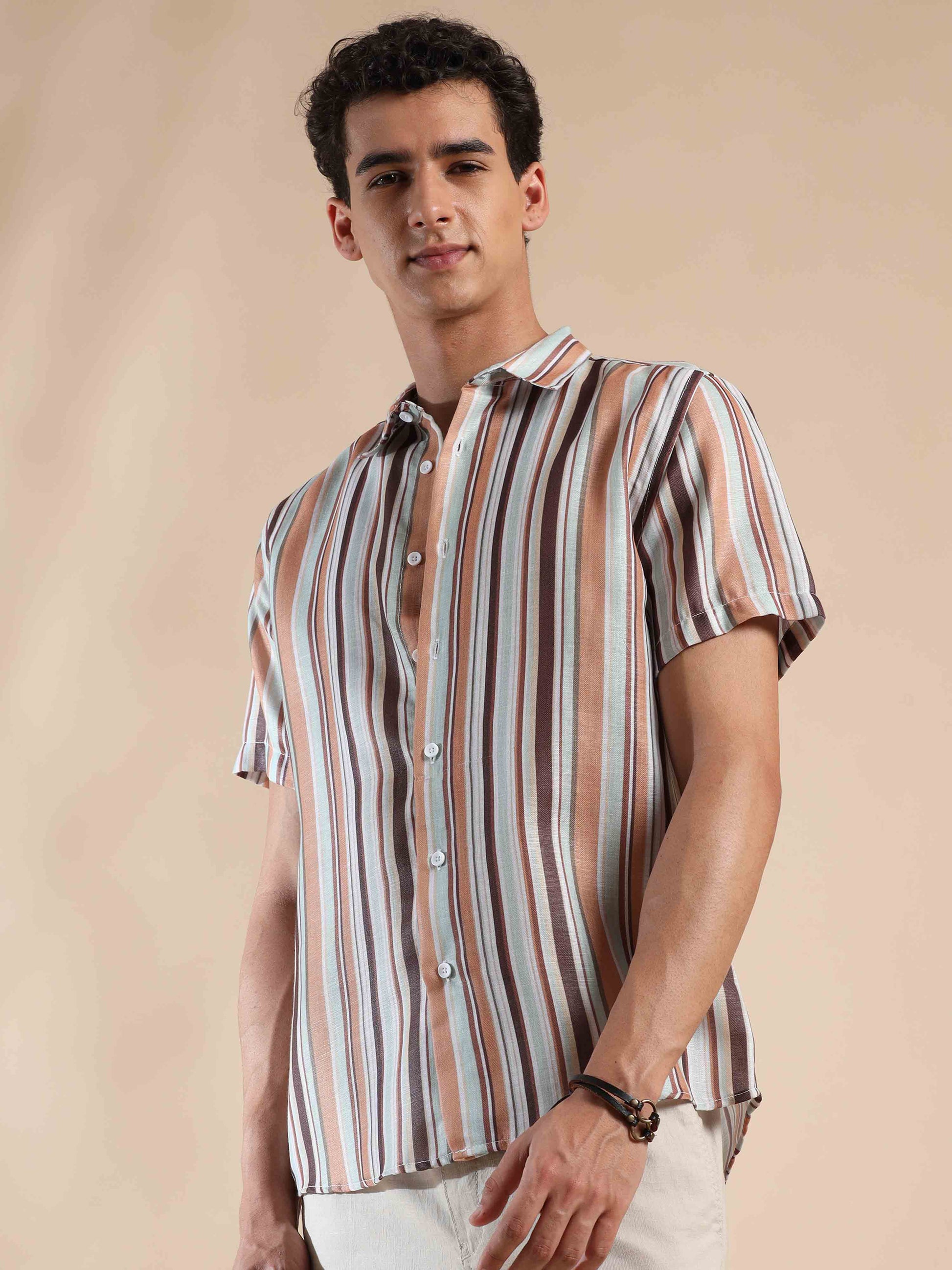 Half sleeve stripe polyester cotton shirt for men
